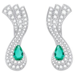 18K White Gold Pear Shape Emerald and Diamond Earrings