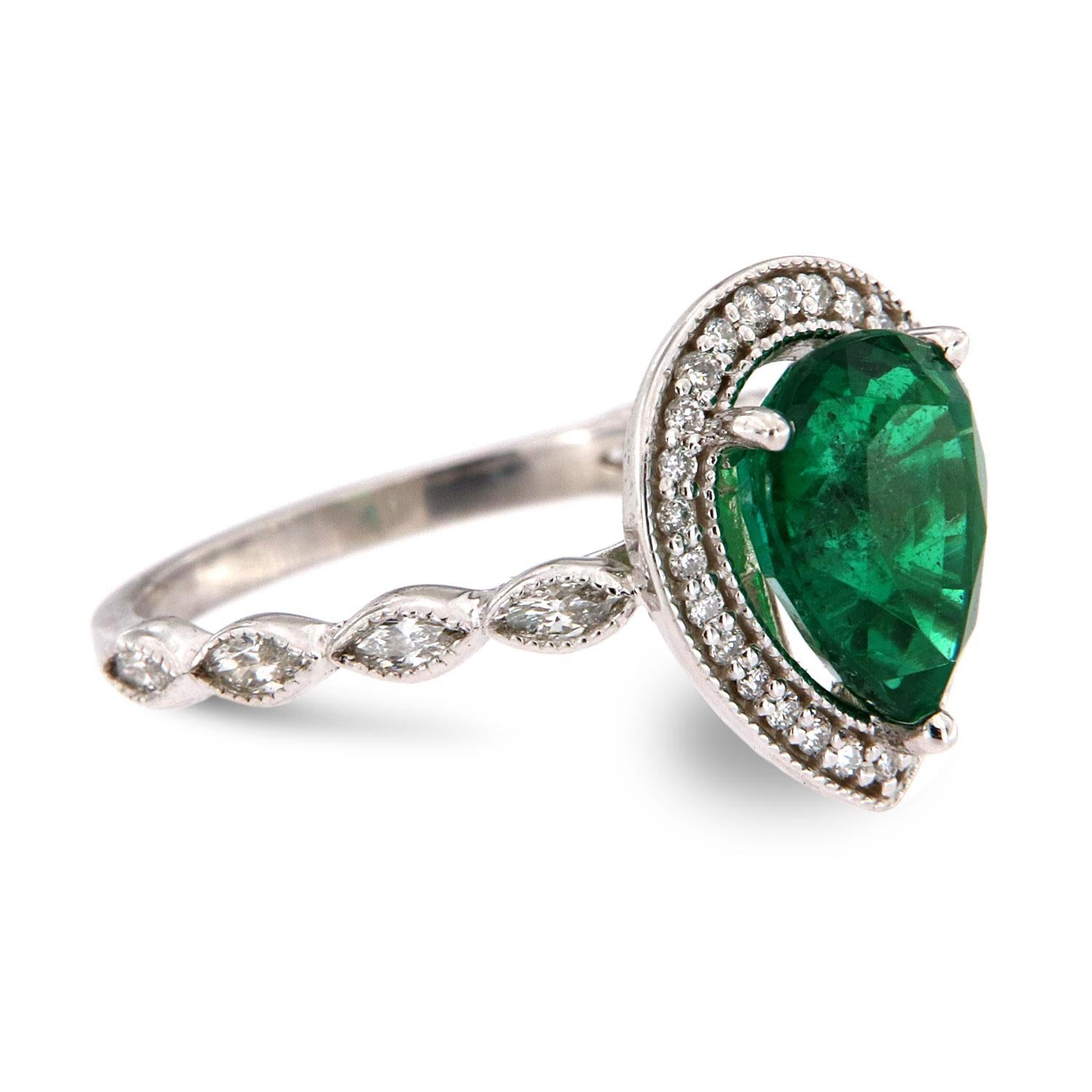 Pear Cut GIA Certified 1.95 Carat 18k White Gold Pear Green Emerald Halo Diamond Ring 