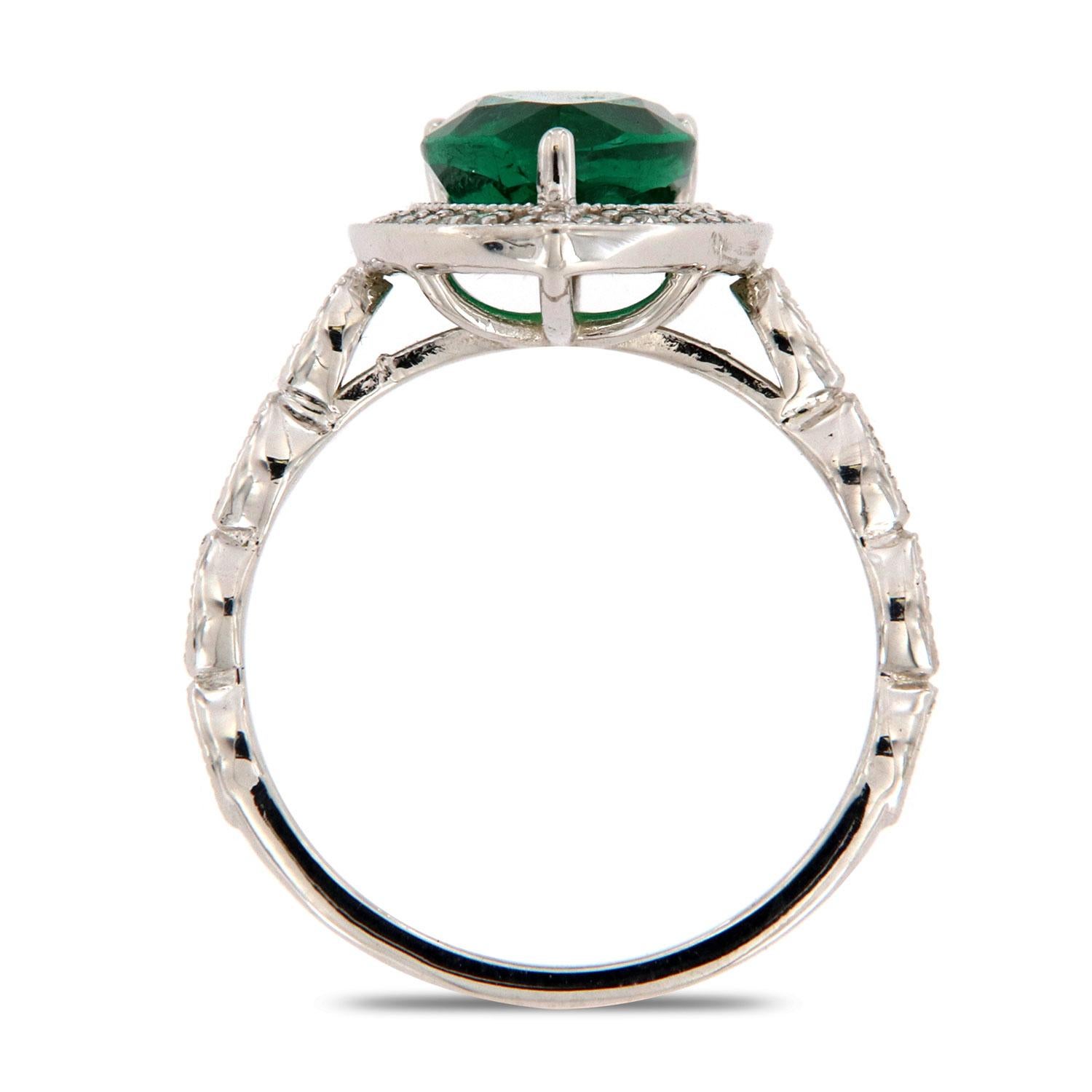 GIA Certified 1.95 Carat 18k White Gold Pear Green Emerald Halo Diamond Ring  In New Condition In San Francisco, CA