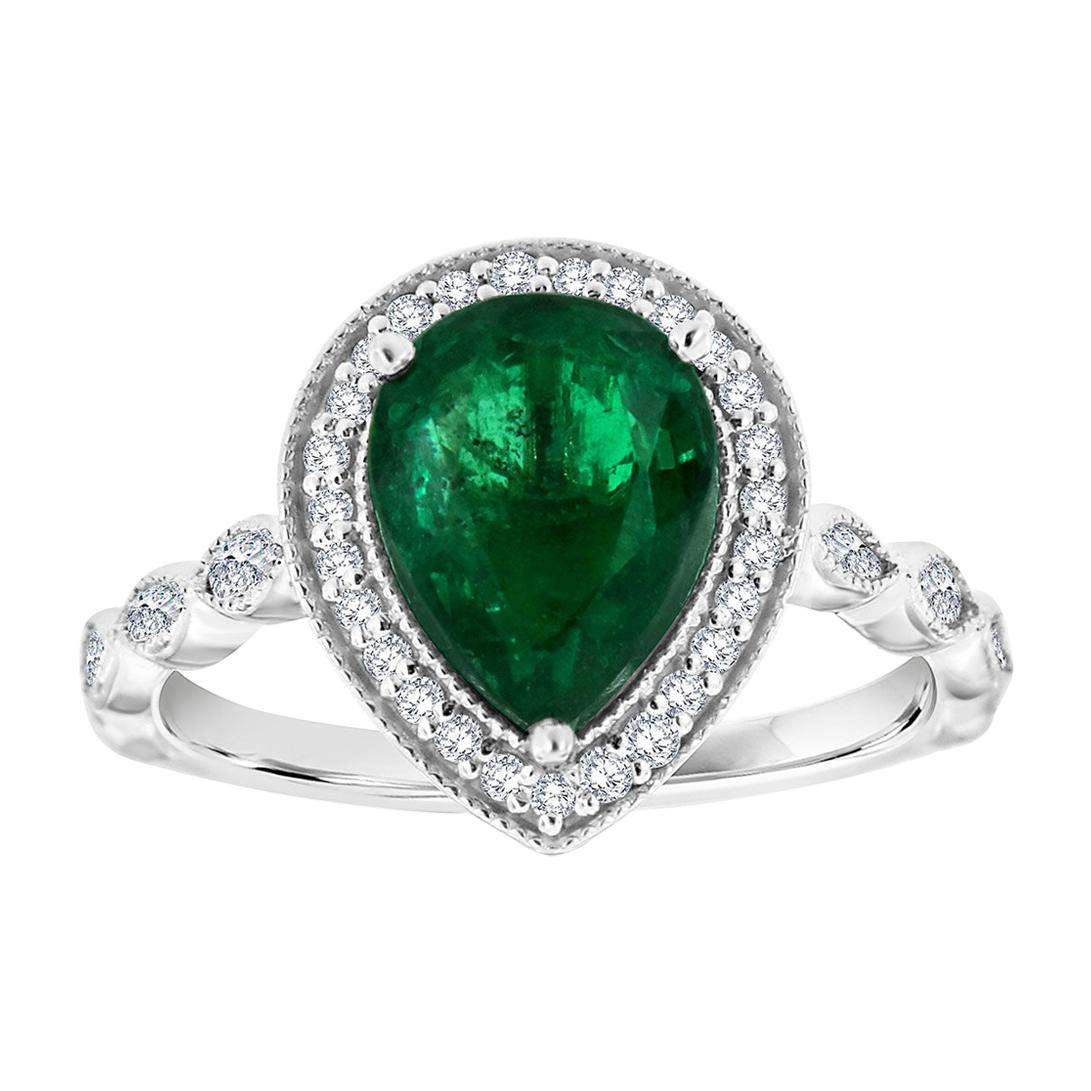 GIA Certified 1.95 Carat 18k White Gold Pear Green Emerald Halo Diamond Ring 