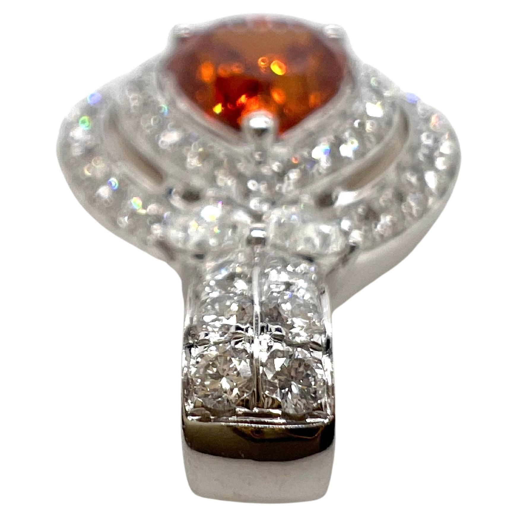 Contemporary 18K White Gold Pear Shape Mandarin Garnet Pendant with Diamonds For Sale