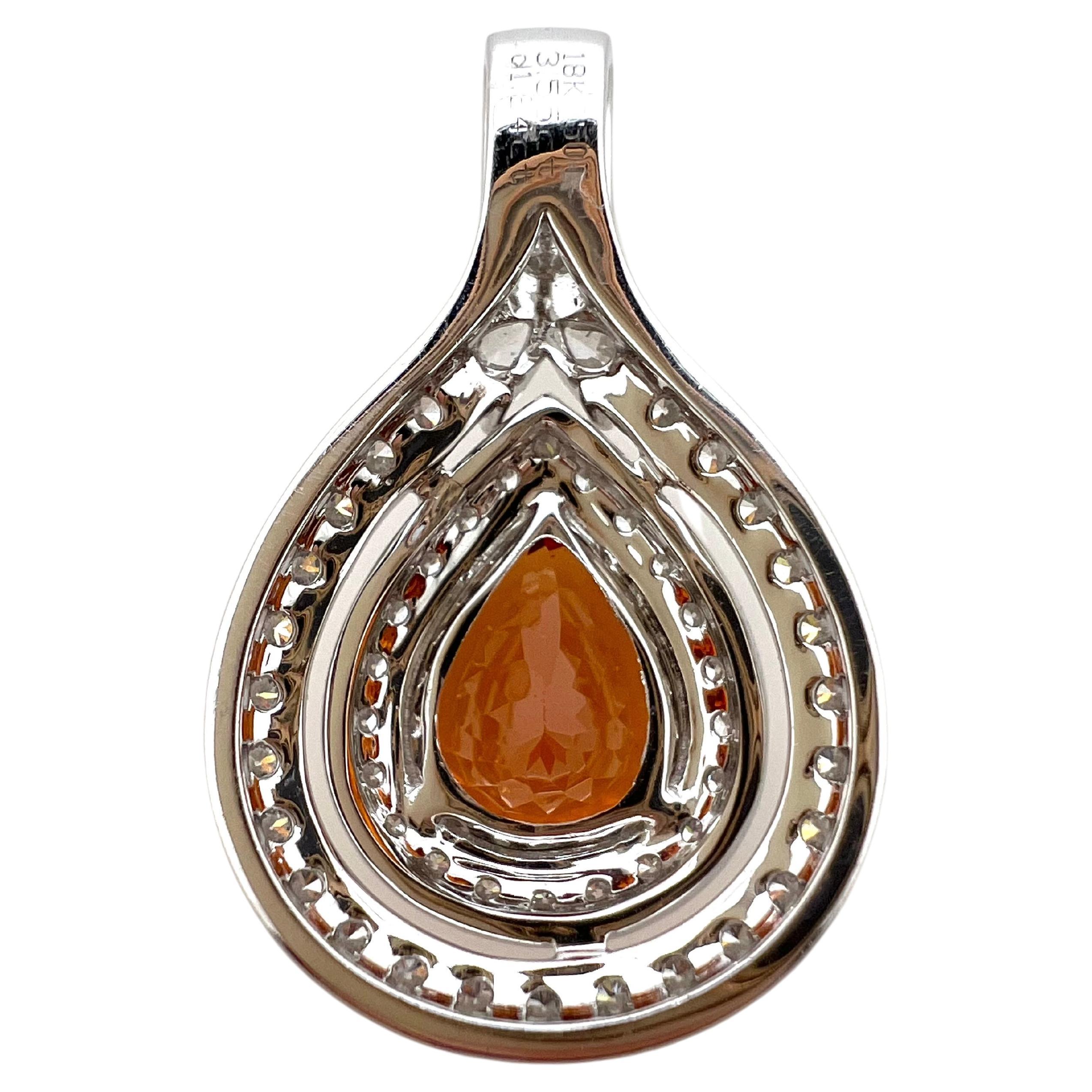 18K White Gold Pear Shape Mandarin Garnet Pendant with Diamonds In New Condition For Sale In Carrollton, TX