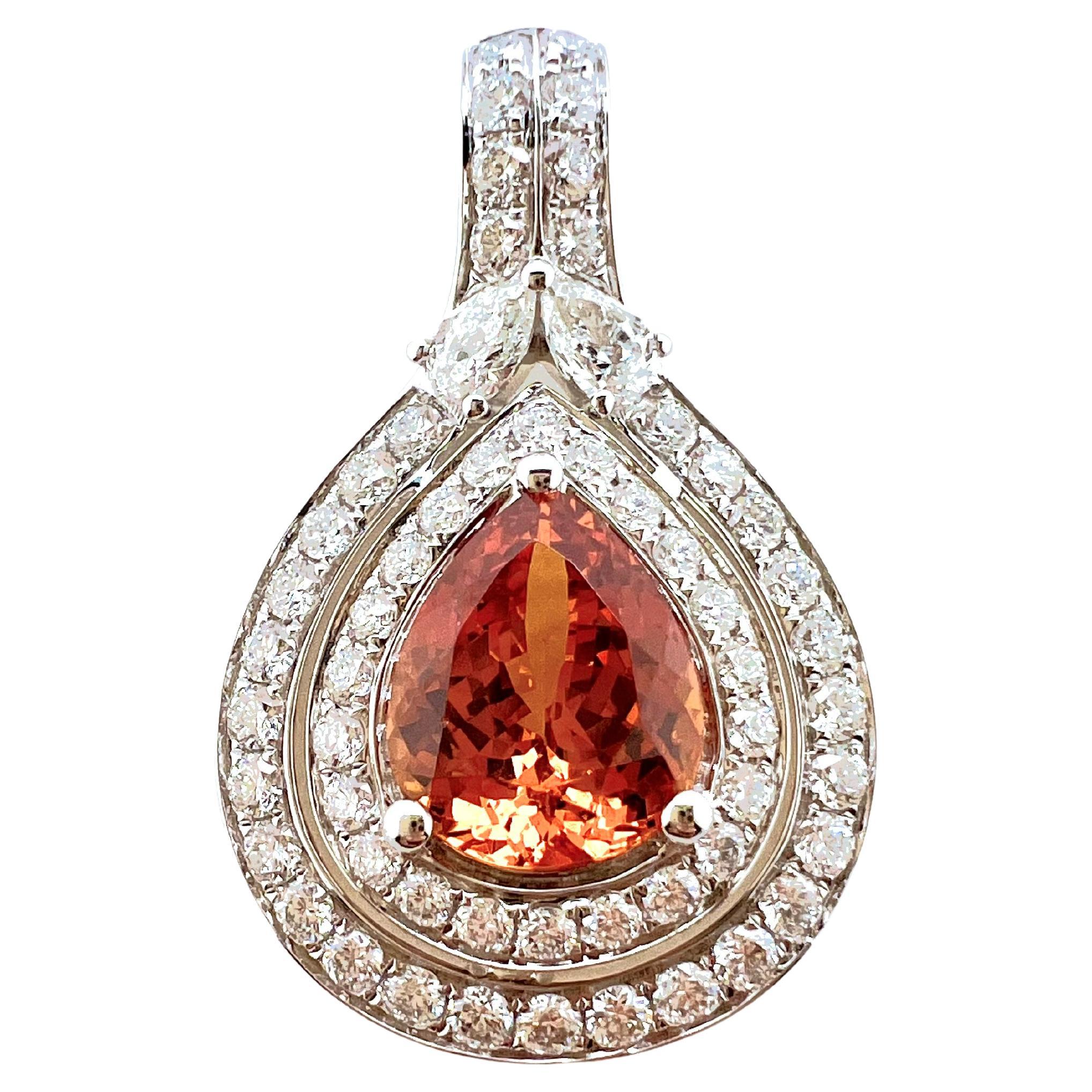 18K White Gold Pear Shape Mandarin Garnet Pendant with Diamonds For Sale
