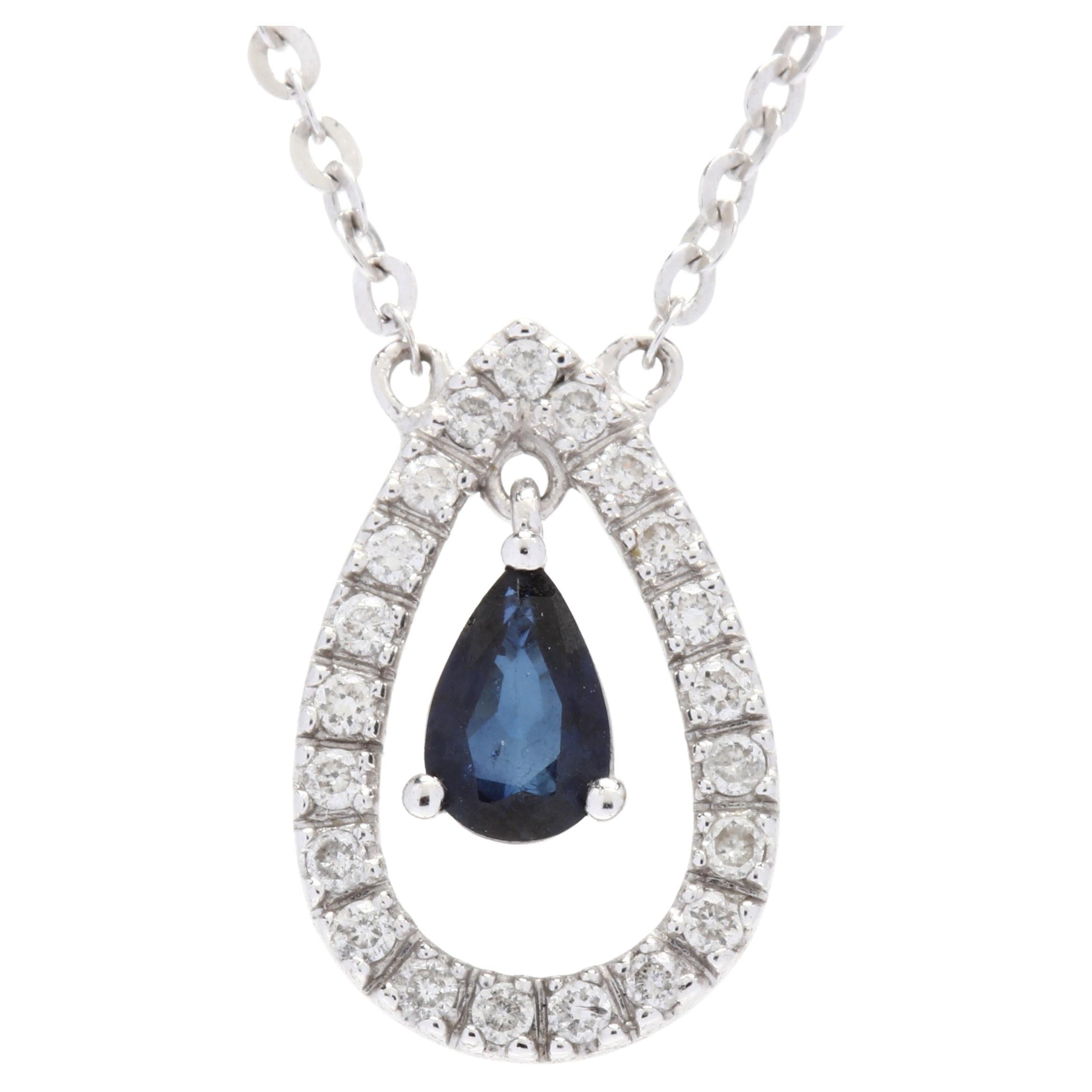 18k White Gold Pear Shape Sapphire & Diamond Pendant Necklace