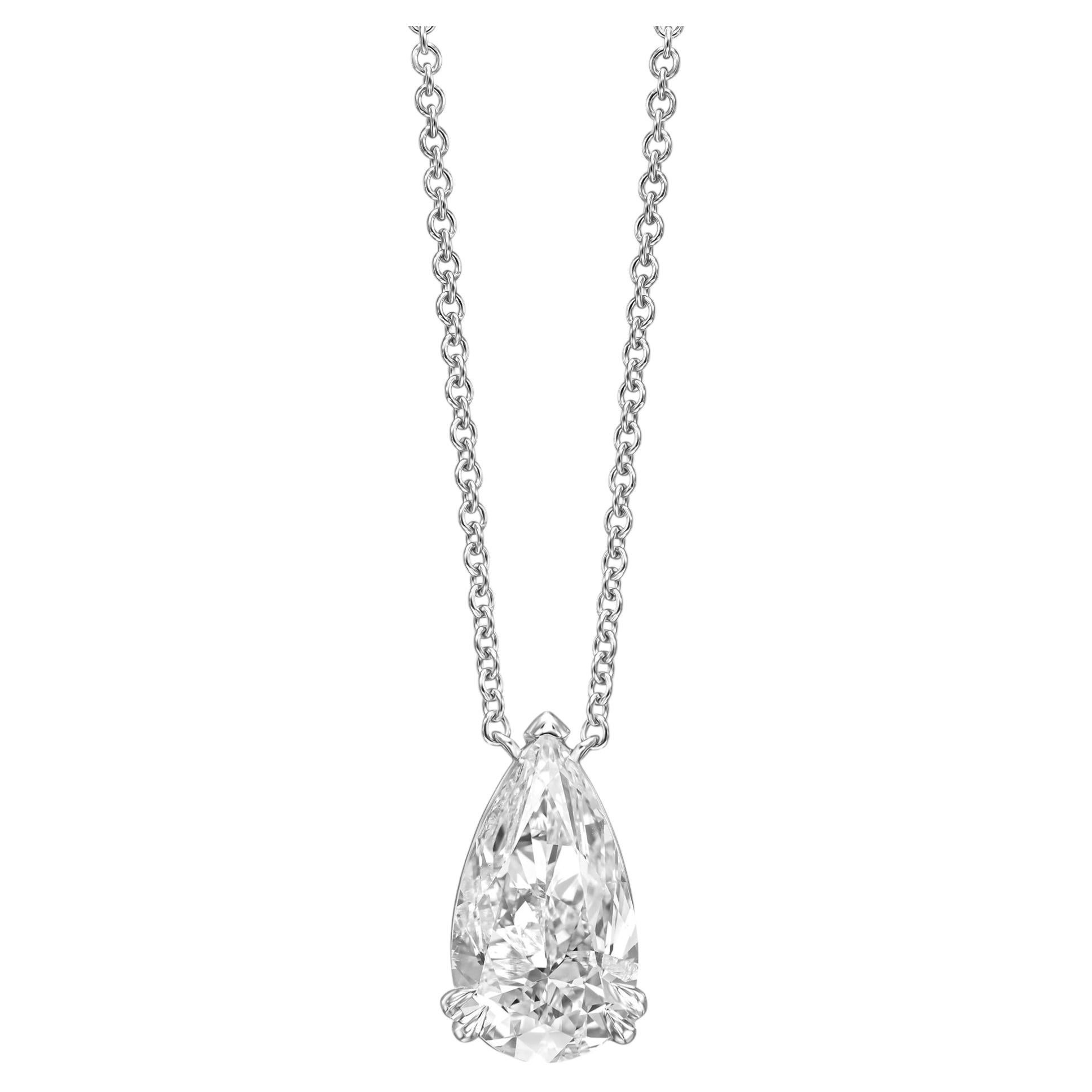 18K White Gold Pear Shape Solitaire Pendant Necklace 3.01 TCW Natural Diamond