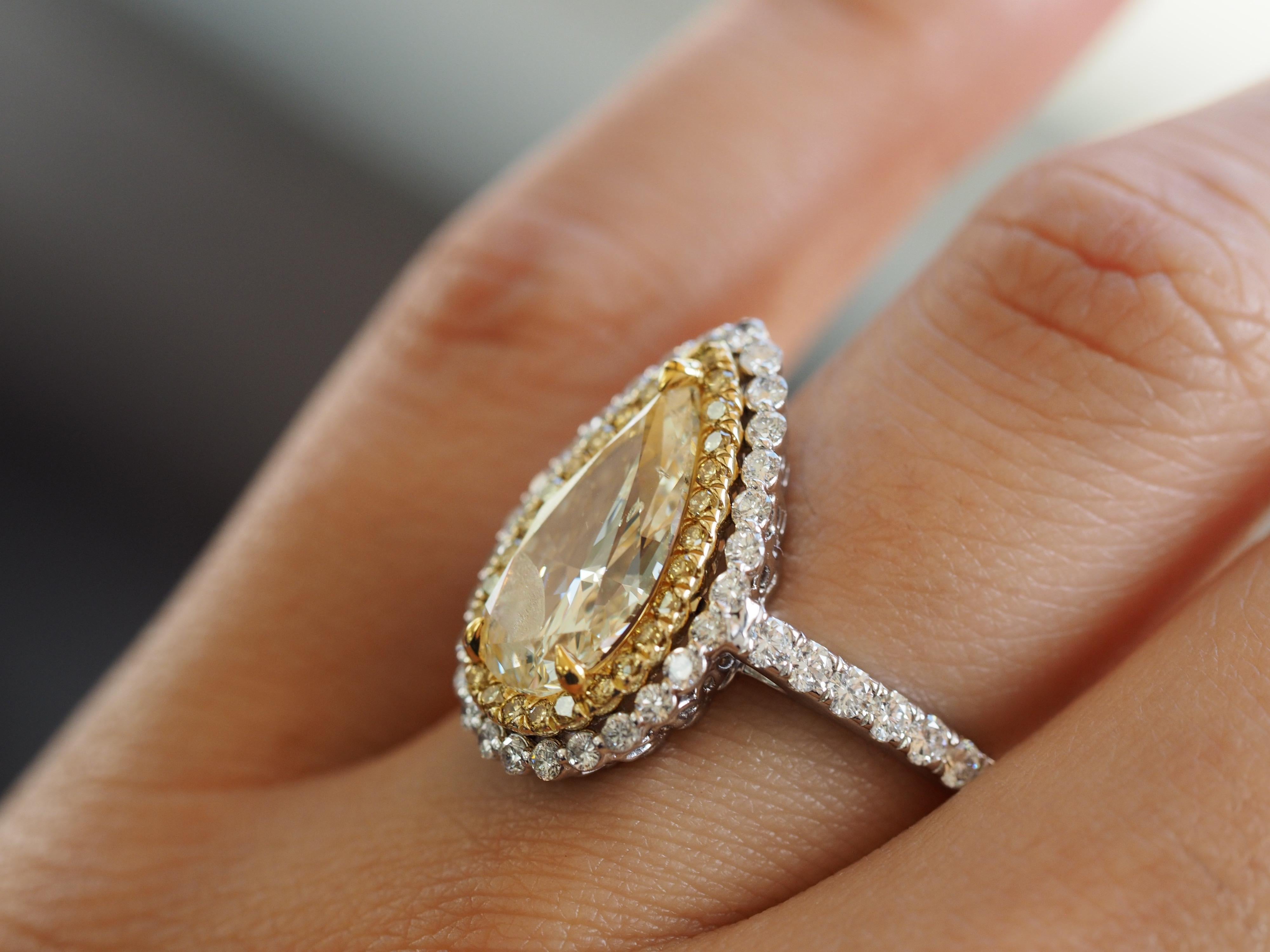 18 Karat White Gold Pear Shape Yellow Diamond Double Halo Engagement Ring 6