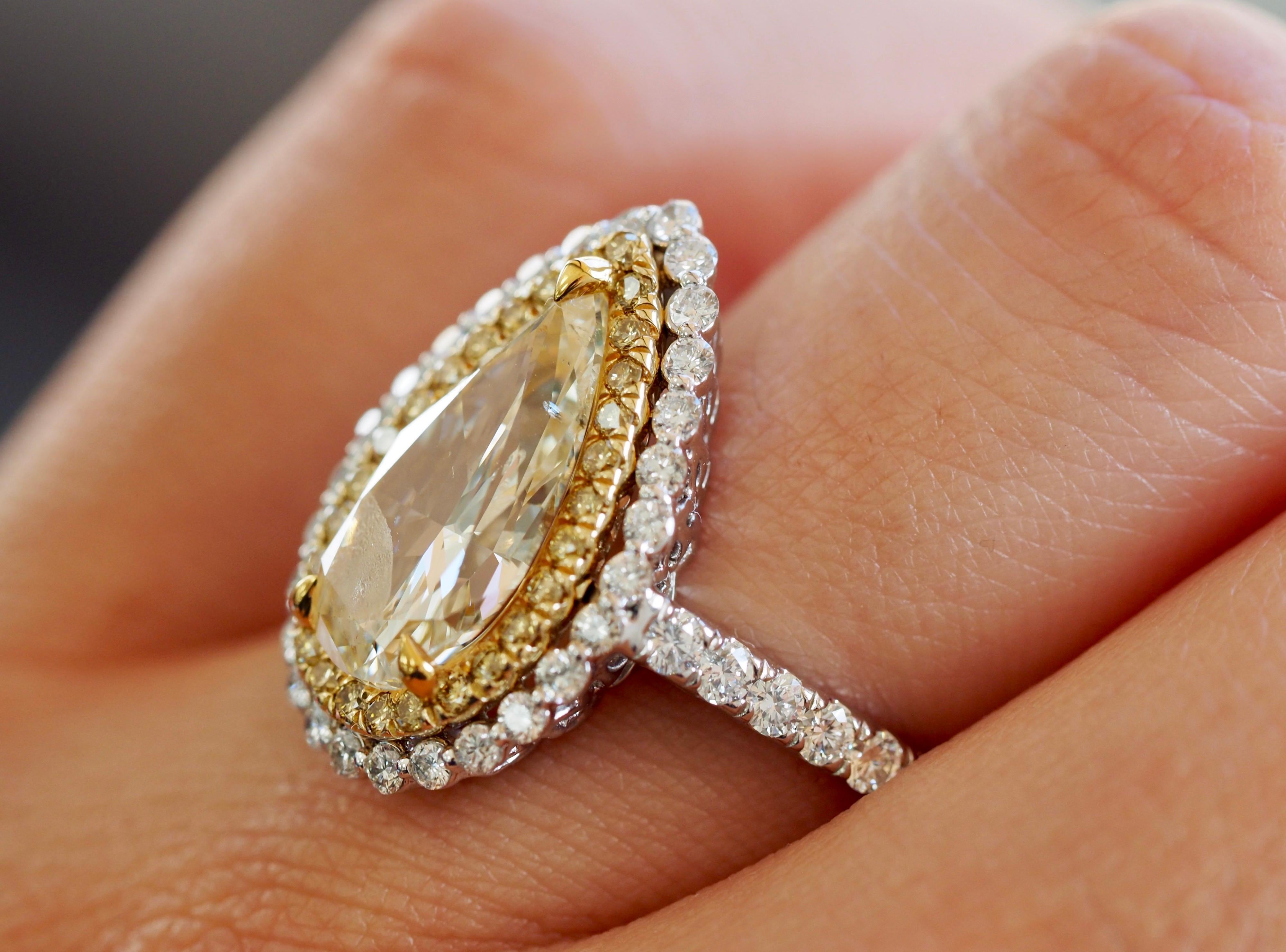 Pear Cut 18 Karat White Gold Pear Shape Yellow Diamond Double Halo Engagement Ring