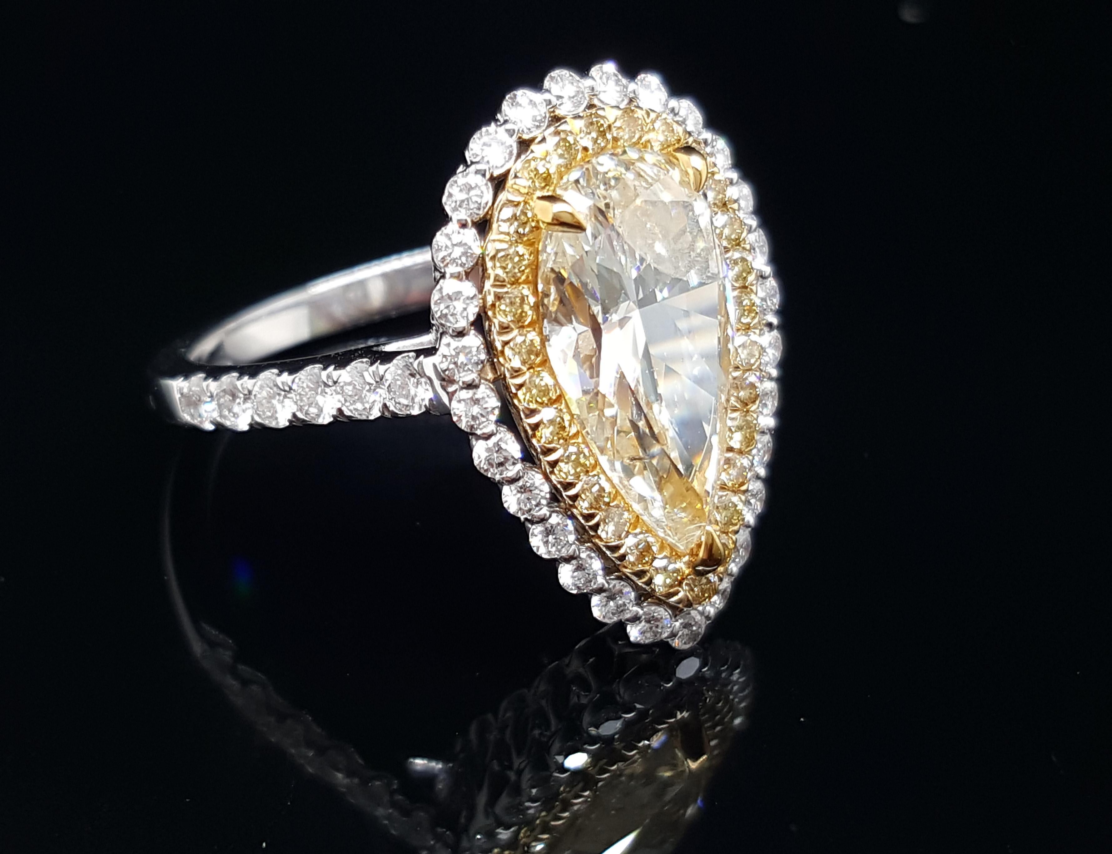 18 Karat White Gold Pear Shape Yellow Diamond Double Halo Engagement Ring 1