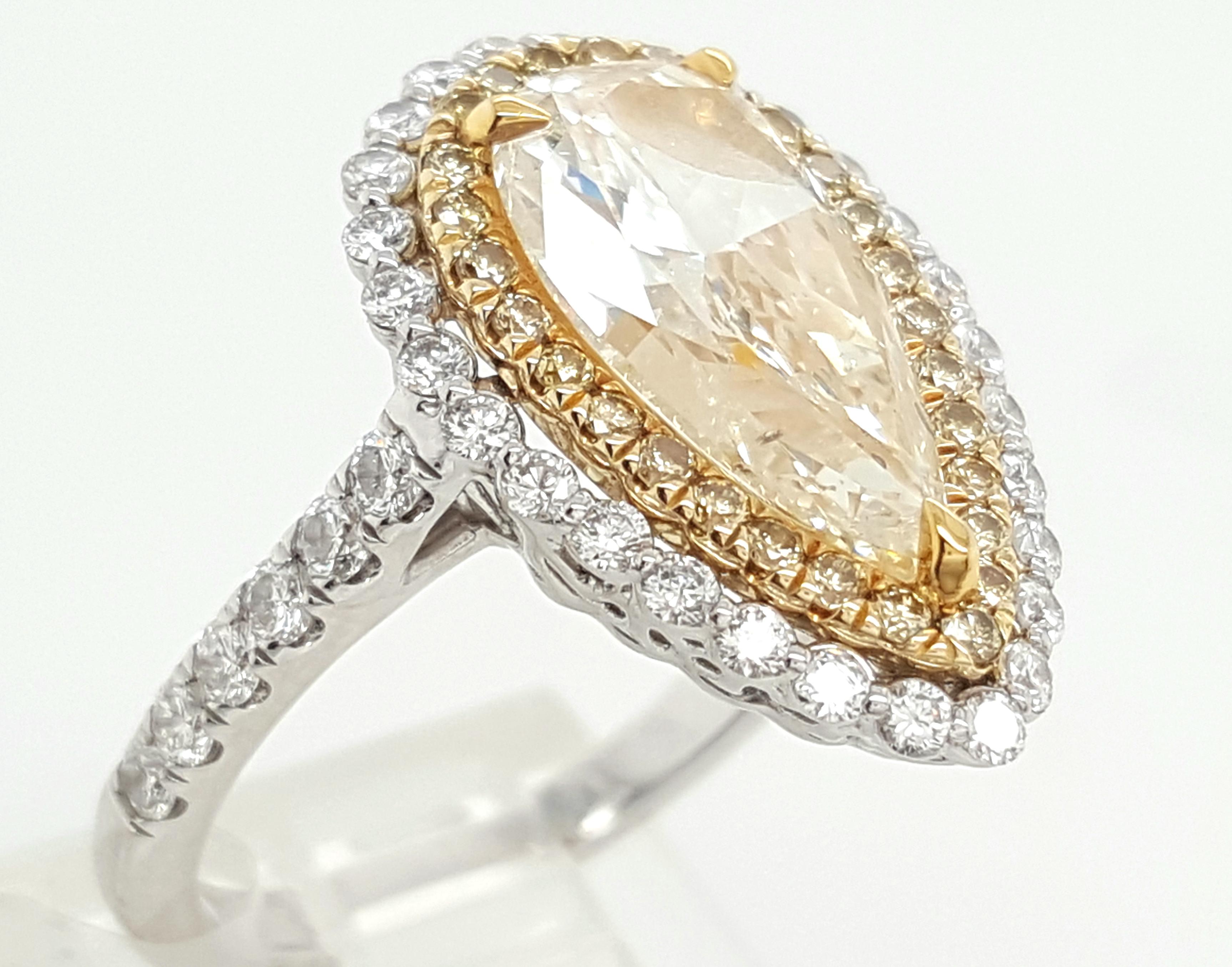 18 Karat White Gold Pear Shape Yellow Diamond Double Halo Engagement Ring 2