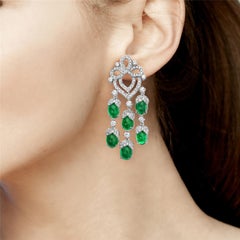 18k White Gold Oval Shaped Zambian Cabochone Emerald Chandelier Earrings