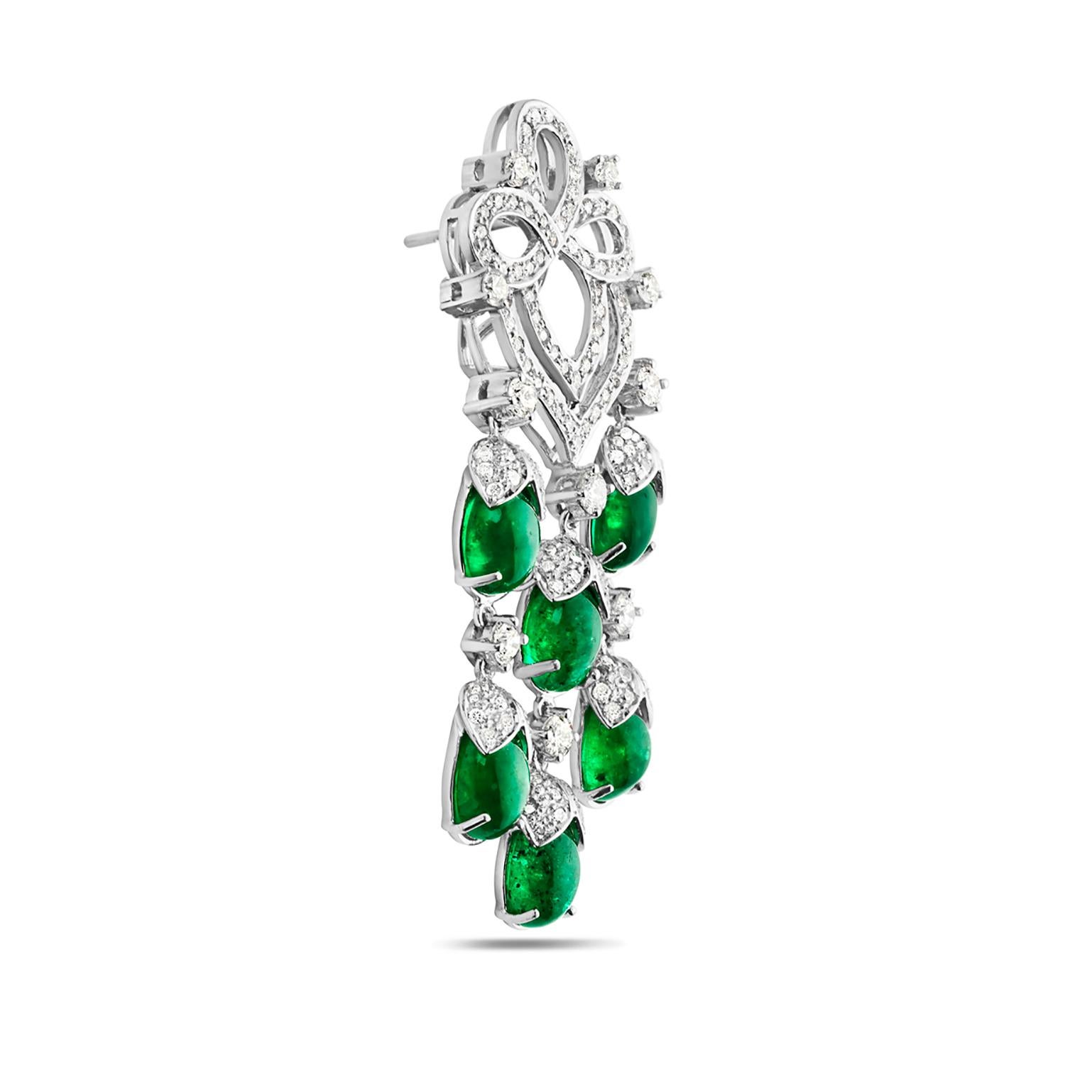 Art Deco 18k White Gold Oval Shaped Zambian Cabochone Emerald Chandelier Earrings For Sale