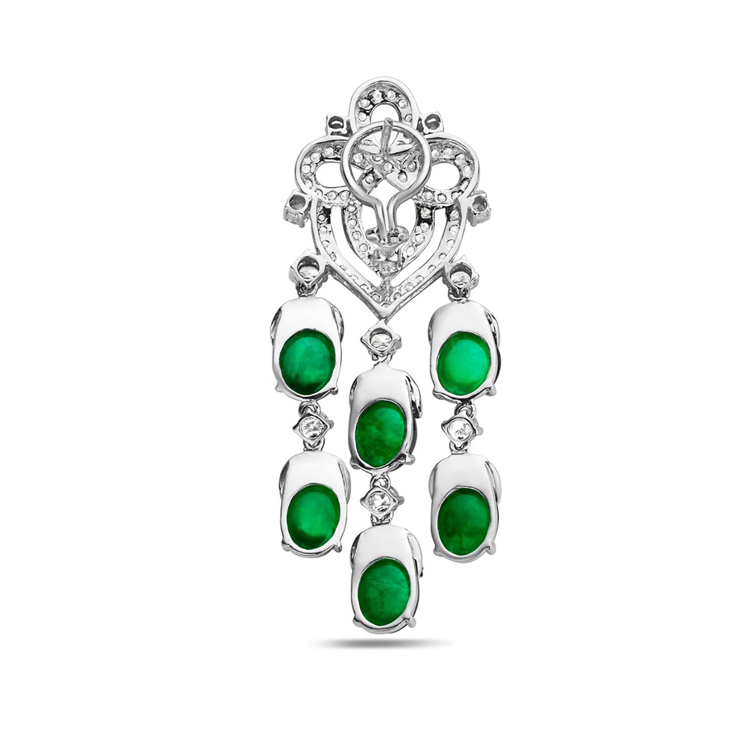 Mixed Cut 18k White Gold Oval Shaped Zambian Cabochone Emerald Chandelier Earrings For Sale