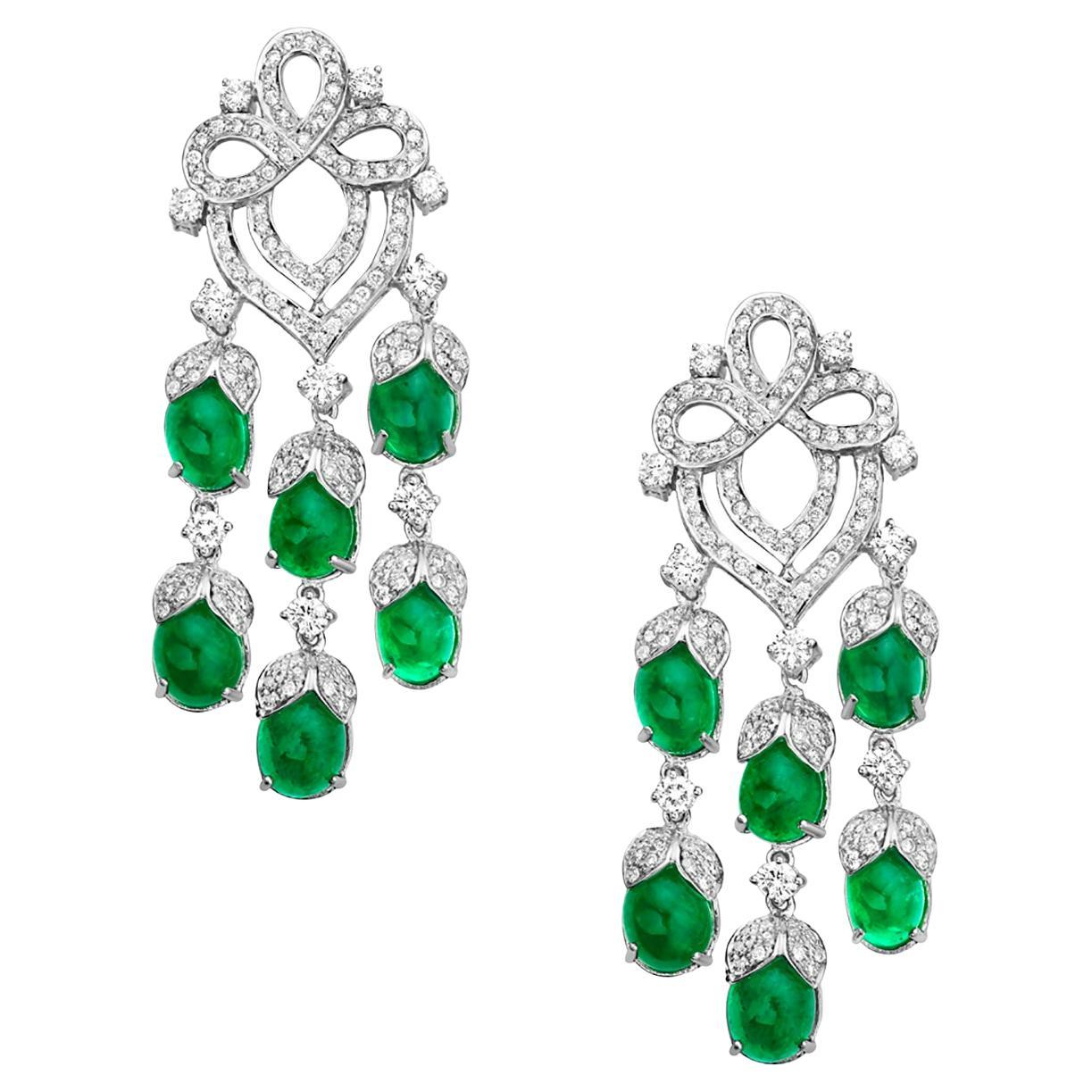 18k White Gold Oval Shaped Zambian Cabochone Emerald Chandelier Earrings For Sale