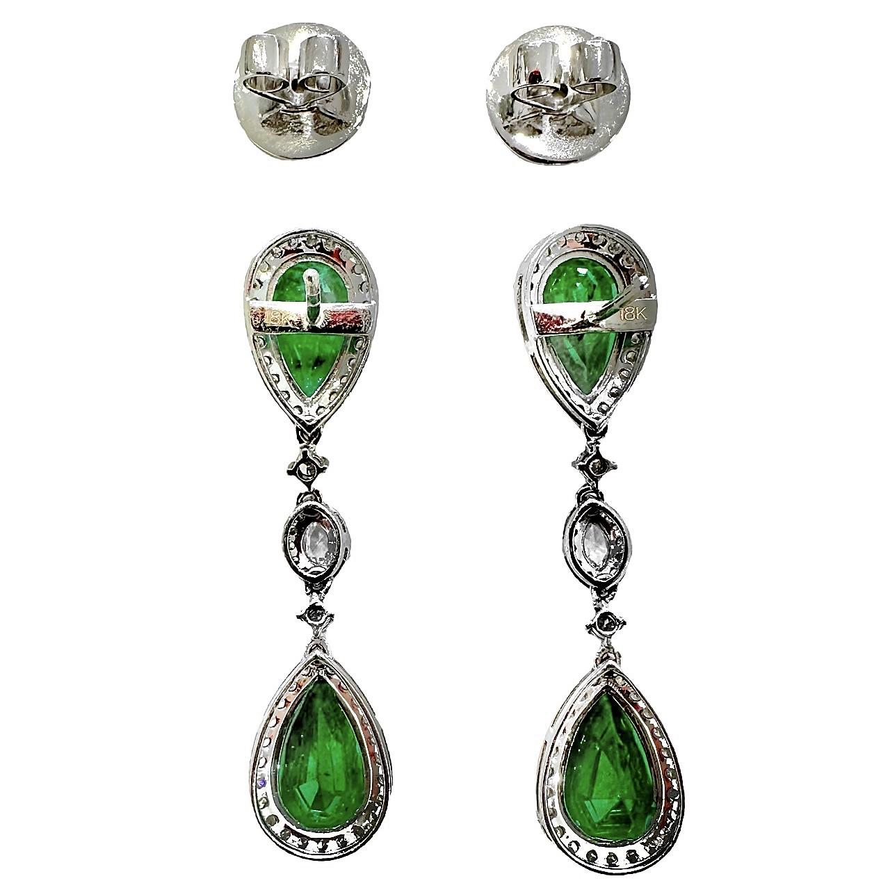 Pear Cut 18k White Gold Pear Shaped Emerald and Diamond Drop Earrings