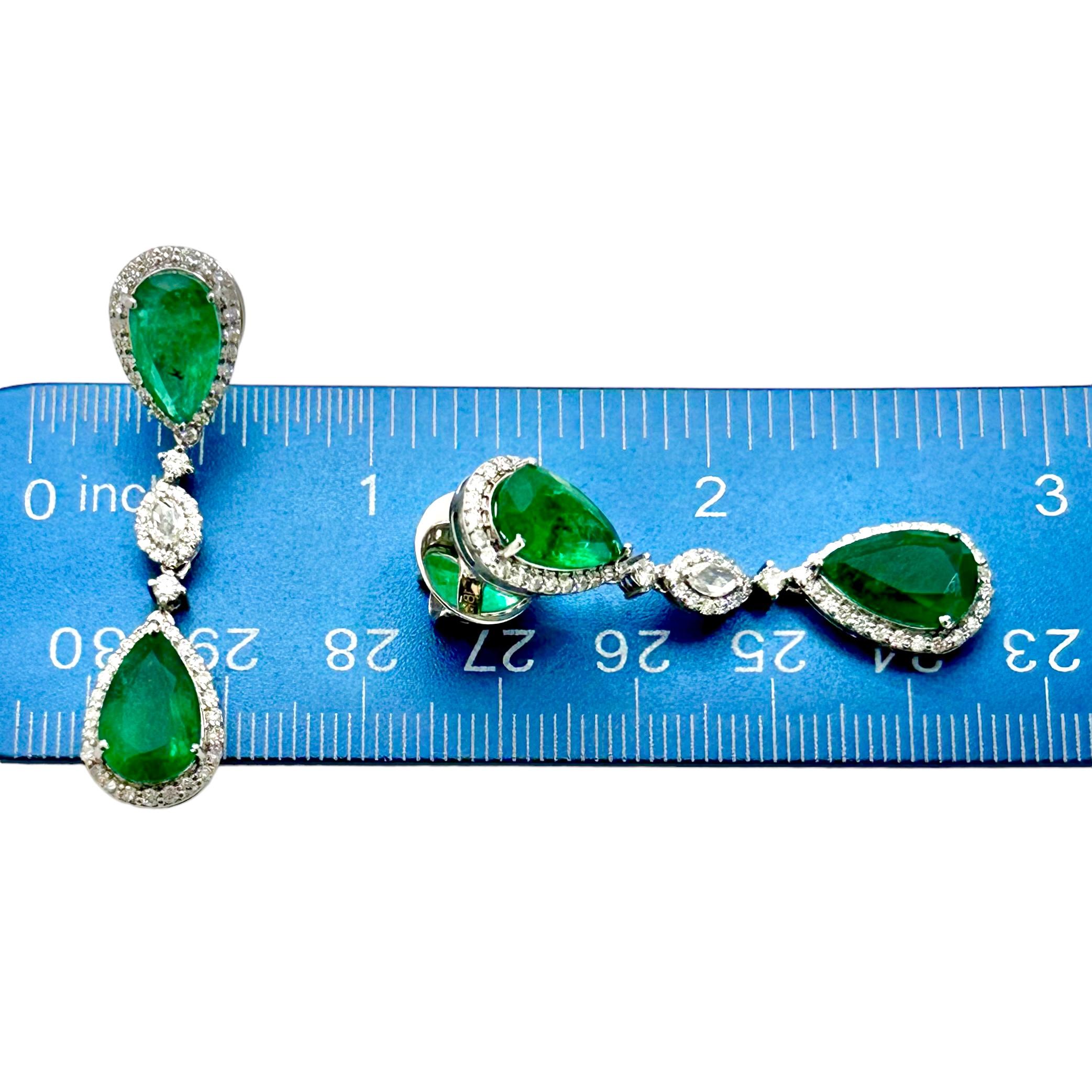 Women's 18k White Gold Pear Shaped Emerald and Diamond Drop Earrings