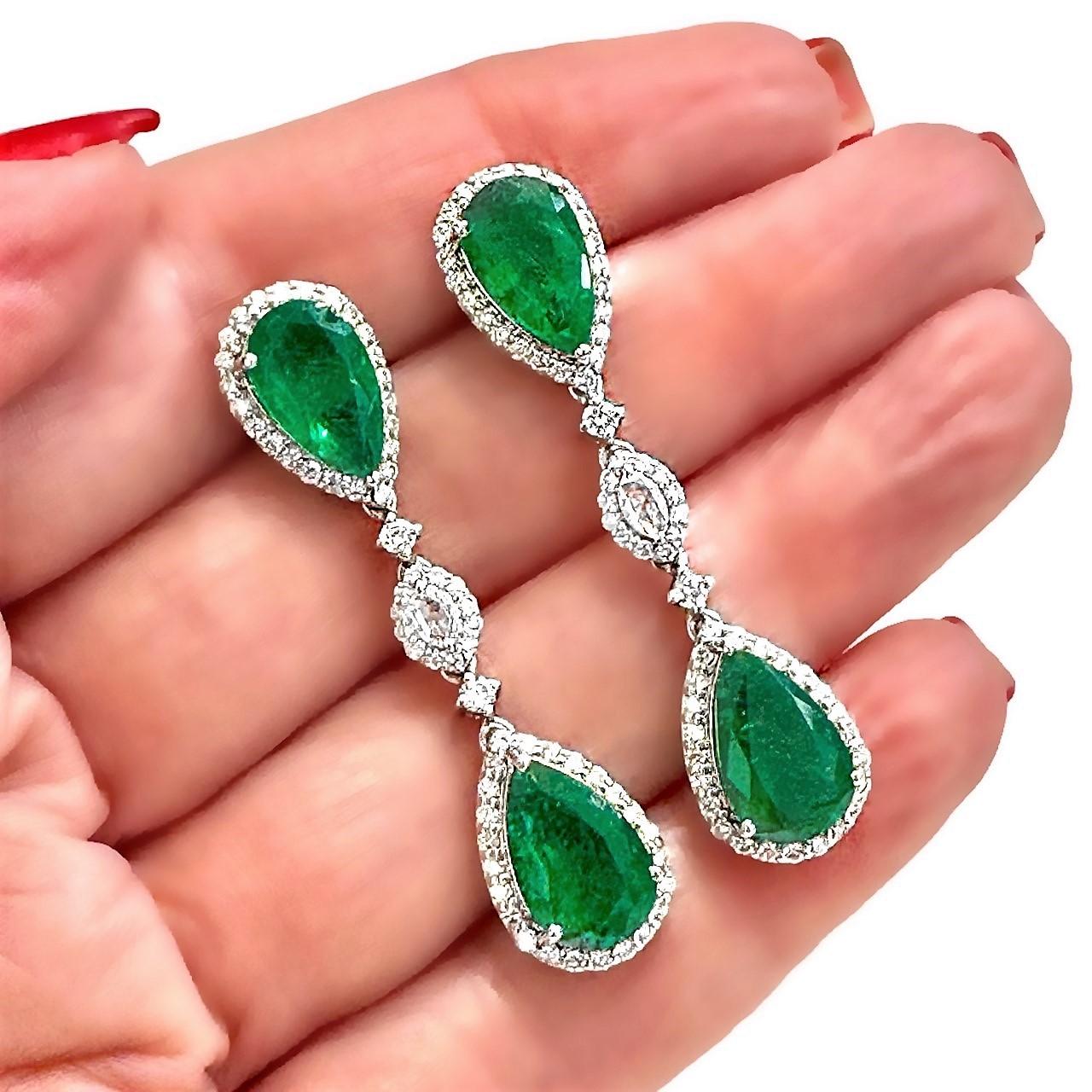 18k White Gold Pear Shaped Emerald and Diamond Drop Earrings 1