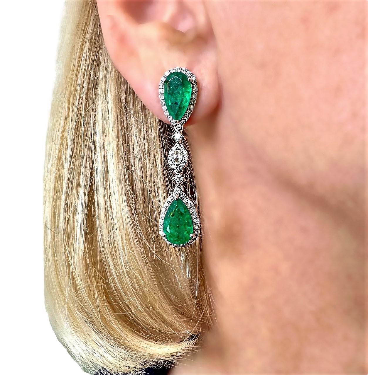 18k White Gold Pear Shaped Emerald and Diamond Drop Earrings 2