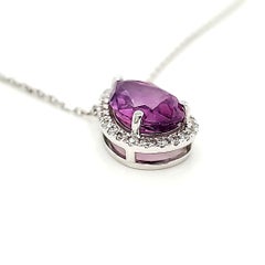 18k White Gold Pear-Shaped Purple Sapphire Cts 2.43 Round Diamond Necklace