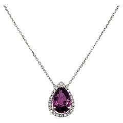 18k White Gold Pear-Shaped Purple Sapphire Cts 2.43 Round Diamond Necklace
