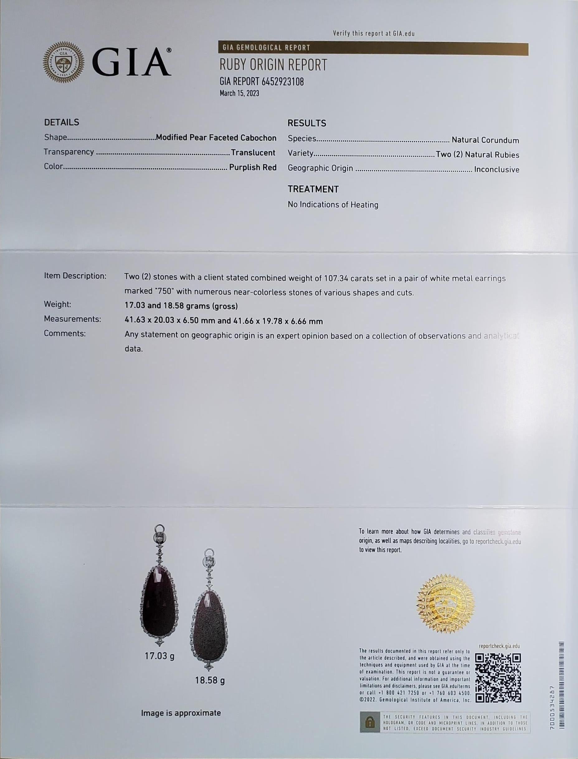 18k White Gold Pear-Shaped Rose Cut Ruby Cts 107.34 Diamond Earrings w/ GIA Cert For Sale 2
