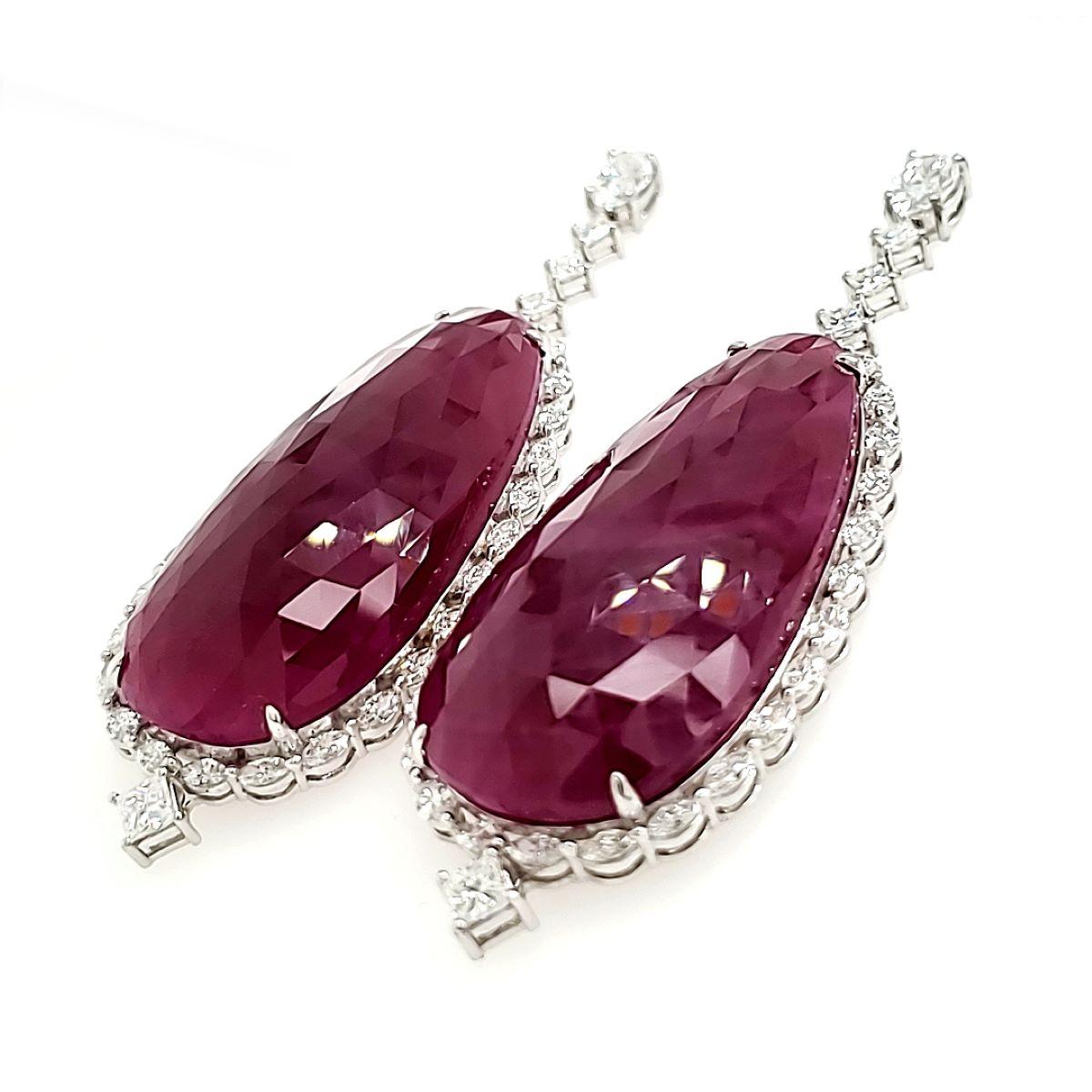 Pear Cut 18k White Gold Pear-Shaped Rose Cut Ruby Cts 107.34 Diamond Earrings w/ GIA Cert For Sale