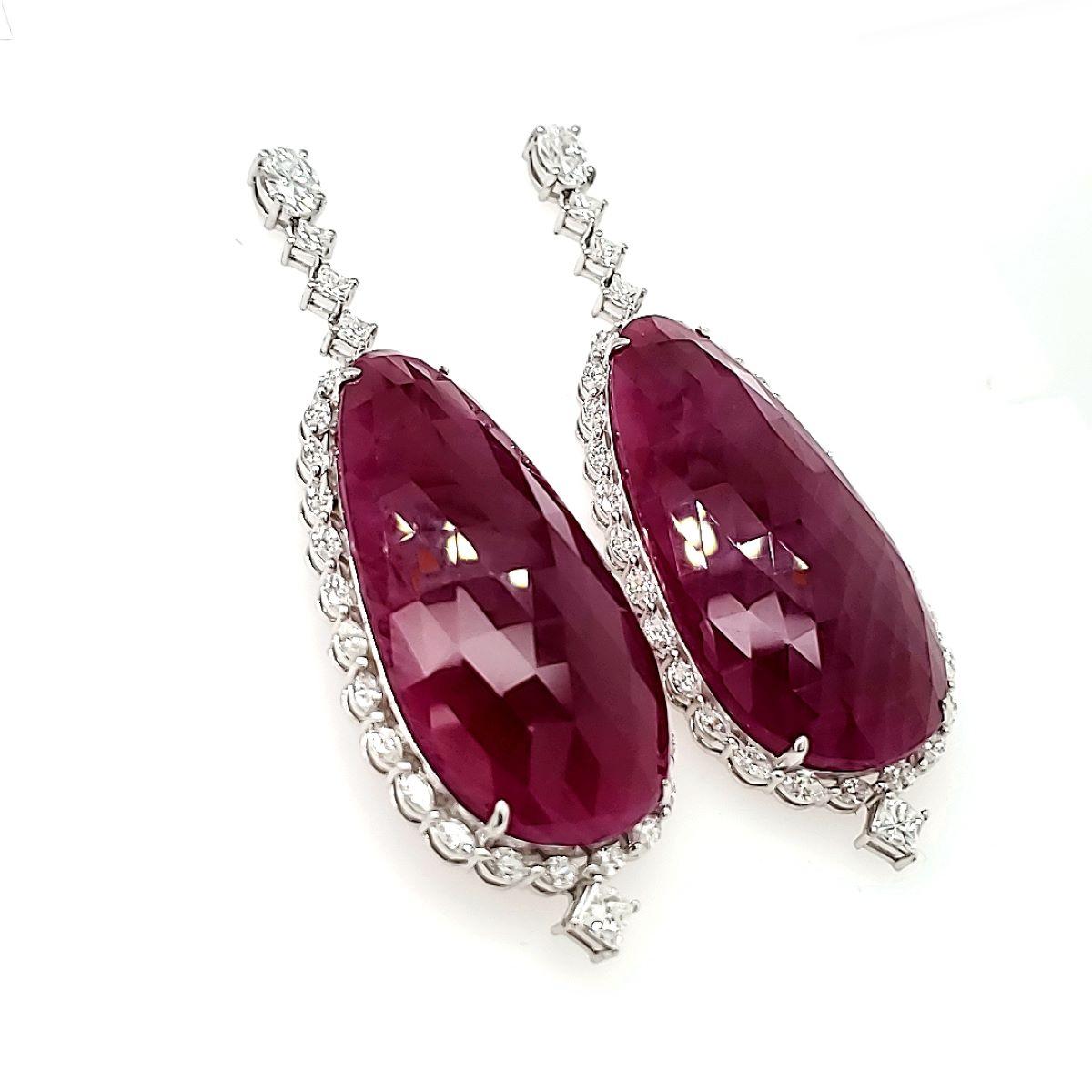 Women's 18k White Gold Pear-Shaped Rose Cut Ruby Cts 107.34 Diamond Earrings w/ GIA Cert For Sale