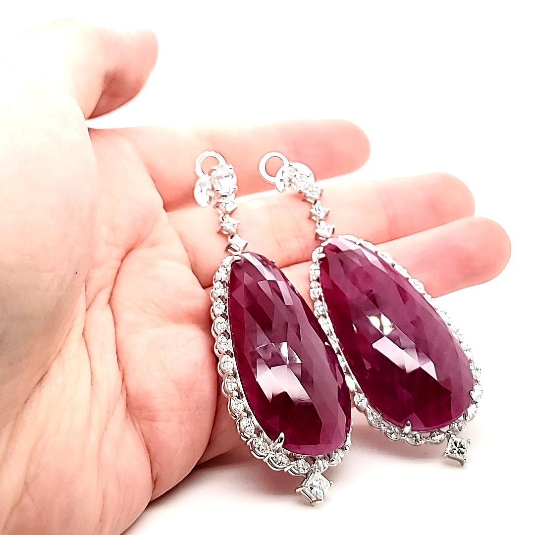 18k White Gold Pear-Shaped Rose Cut Ruby Cts 107.34 Diamond Earrings w/ GIA Cert For Sale 1