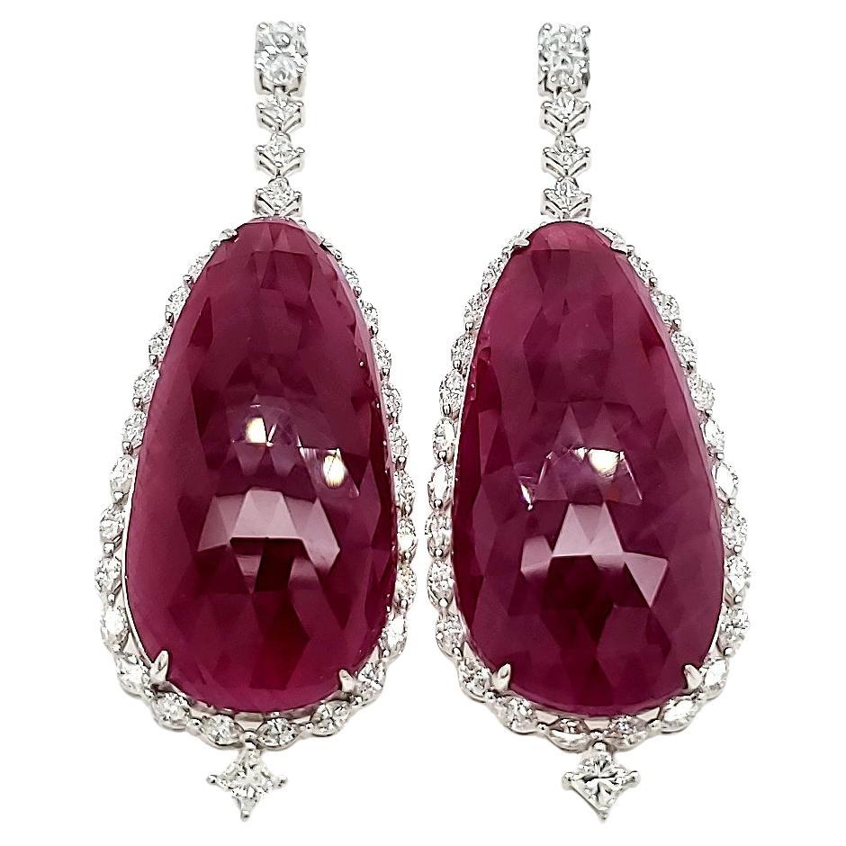 18k White Gold Pear-Shaped Rose Cut Ruby Cts 107.34 Diamond Earrings w/ GIA Cert For Sale