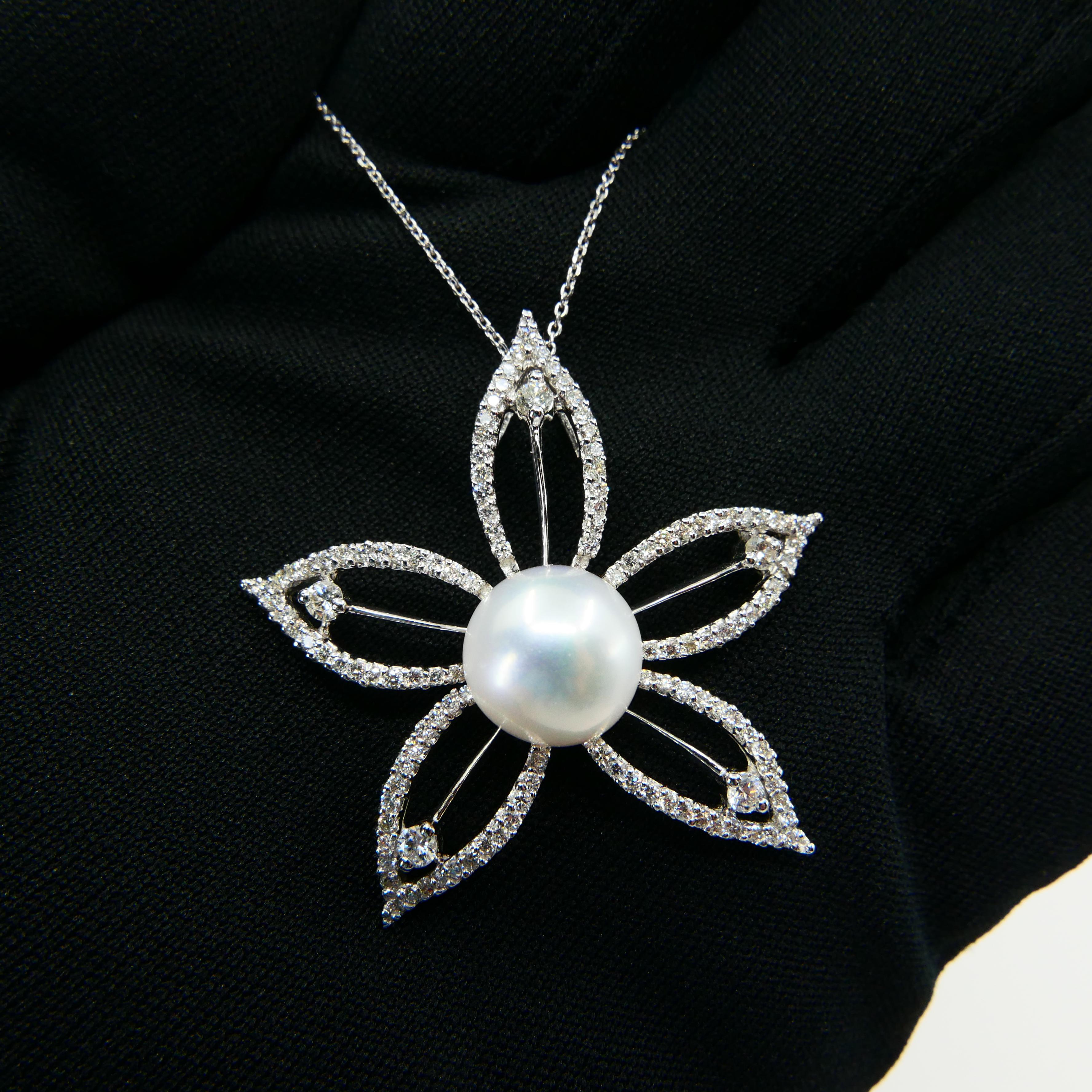 18k White Gold Pearl & Diamond Star Flower Pendant For Sale 6