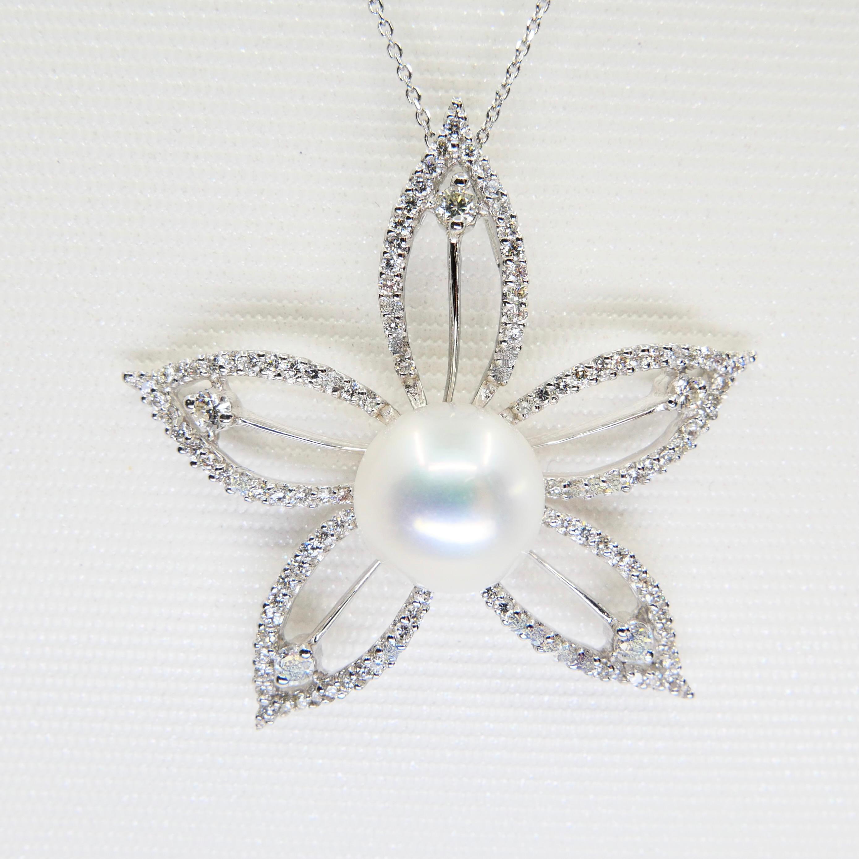 18k White Gold Pearl & Diamond Star Flower Pendant For Sale 9