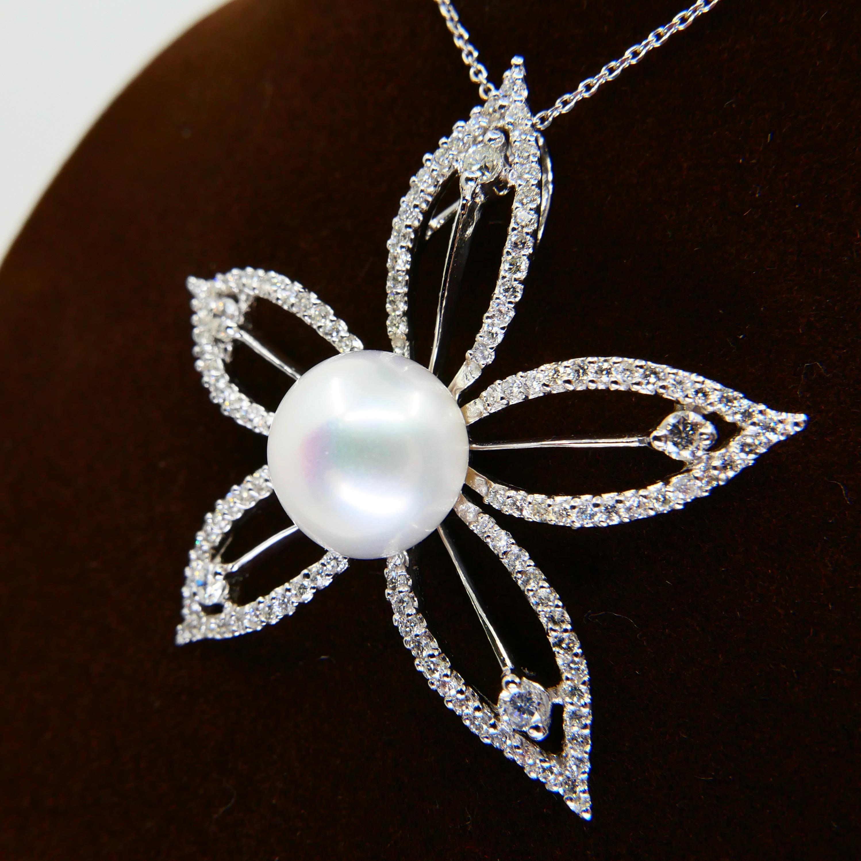 18k White Gold Pearl & Diamond Star Flower Pendant For Sale 10