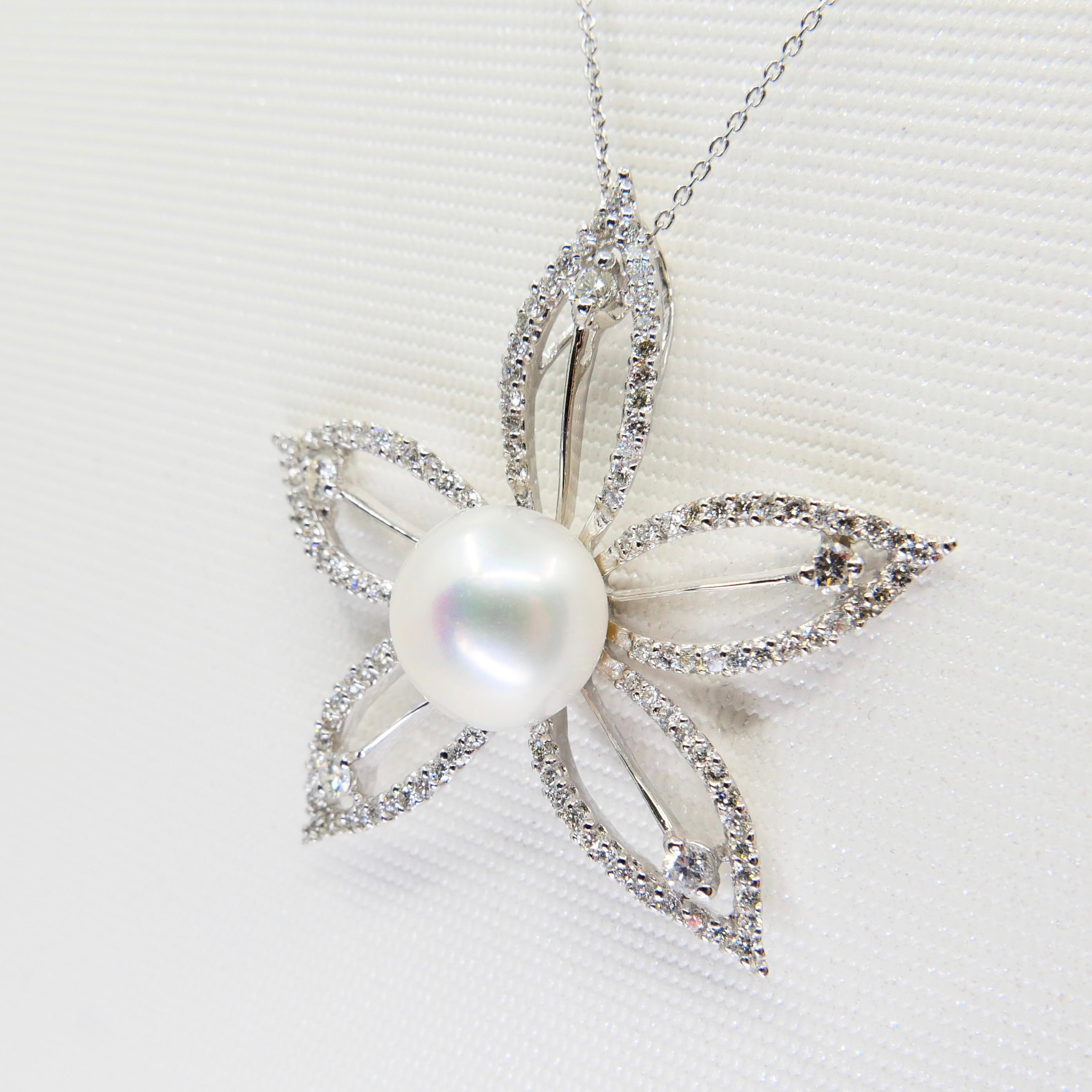 18k White Gold Pearl & Diamond Star Flower Pendant For Sale 11