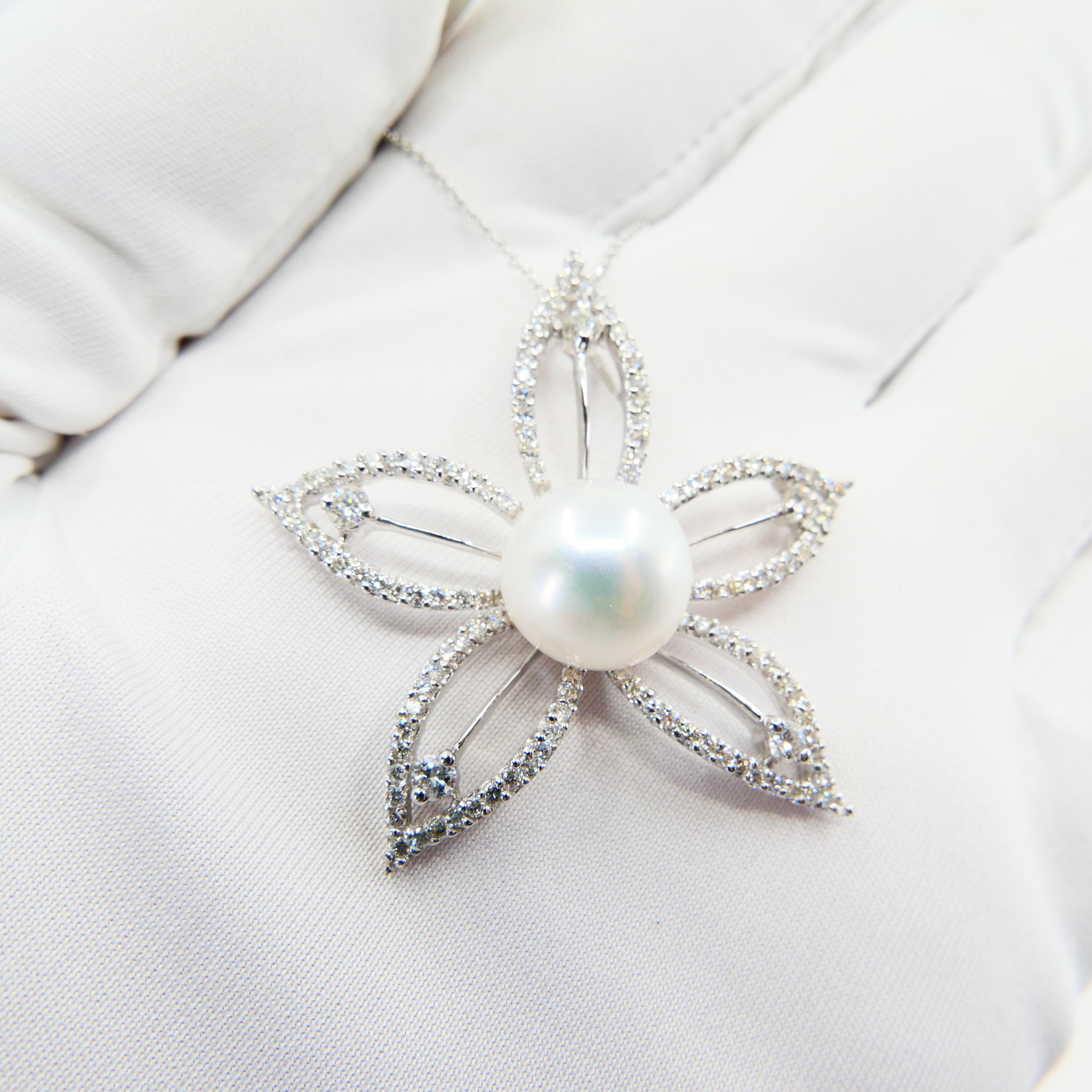 18k White Gold Pearl & Diamond Star Flower Pendant For Sale 12