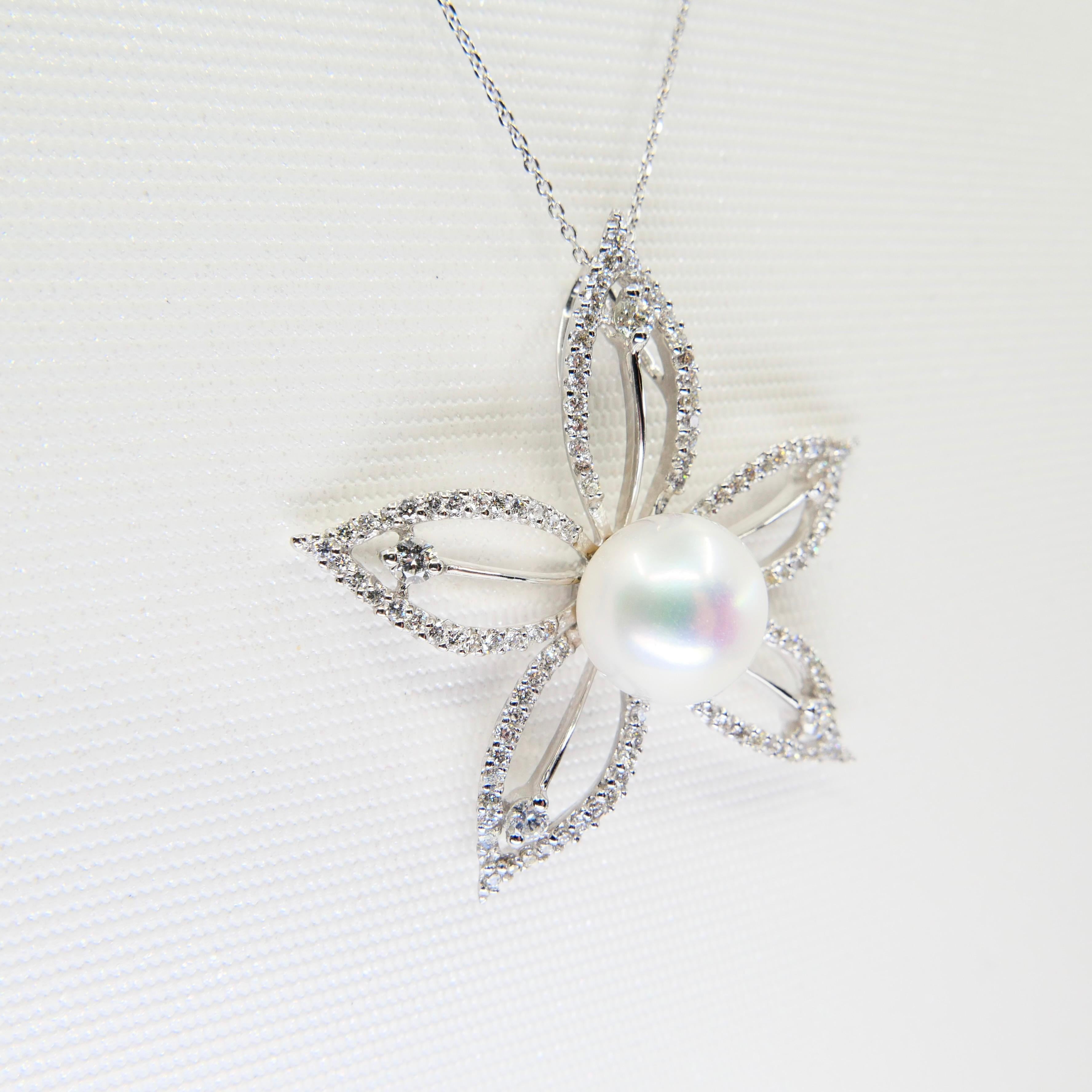 18k White Gold Pearl & Diamond Star Flower Pendant For Sale 13