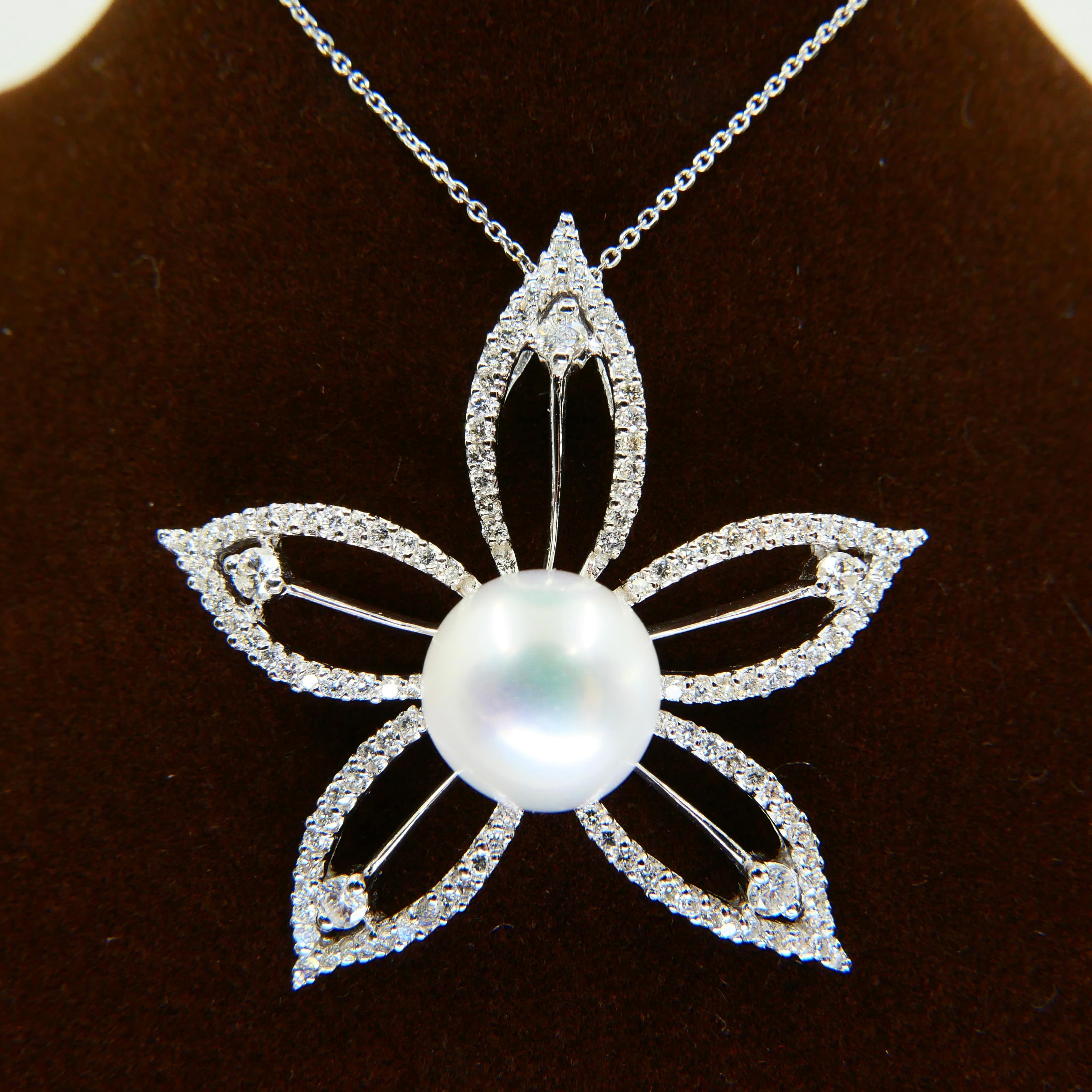 Rough Cut 18k White Gold Pearl & Diamond Star Flower Pendant For Sale