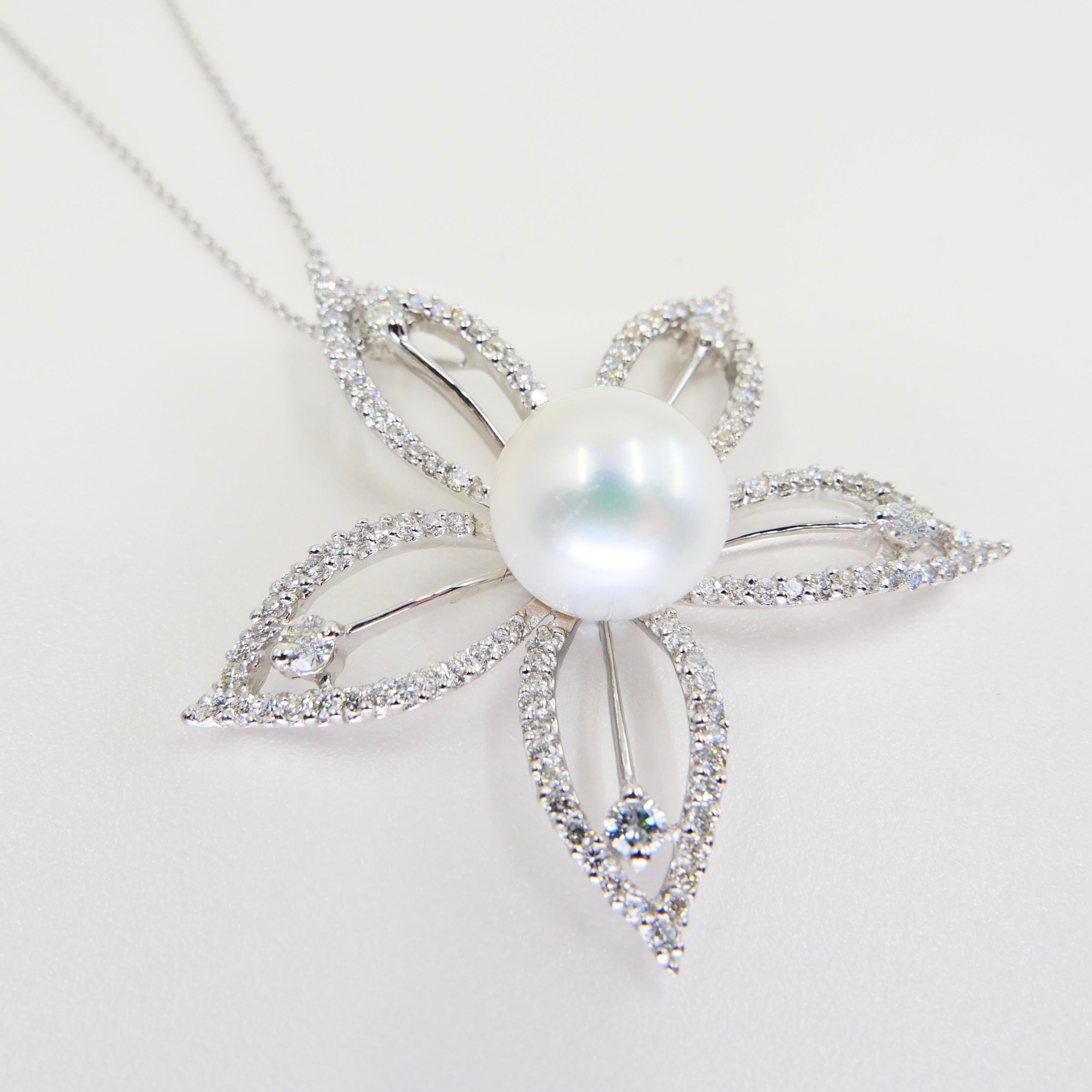 18k White Gold Pearl & Diamond Star Flower Pendant For Sale 3
