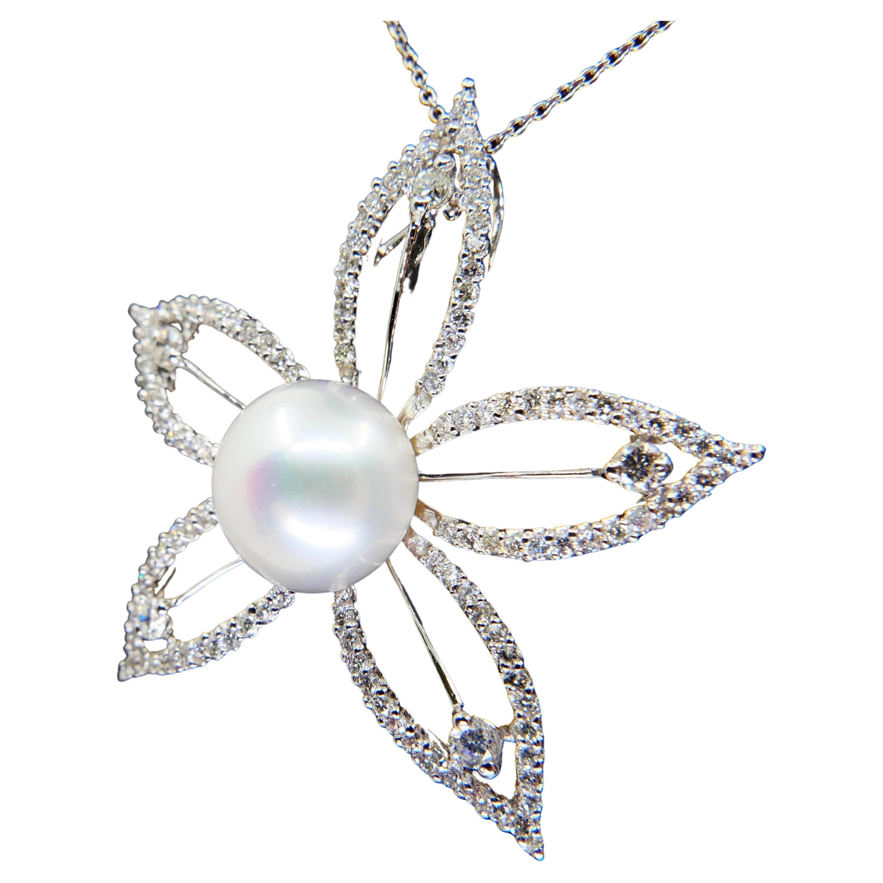 18k White Gold Pearl & Diamond Star Flower Pendant For Sale