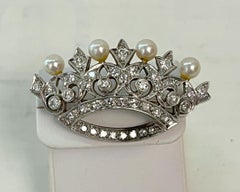 18K White Gold Pearl and Diamond Crown Brooch, Italy 1950s