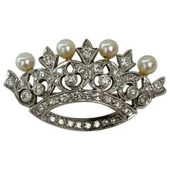 18K White Gold Pearl and Diamond Crown Brooch, Italy 1950s