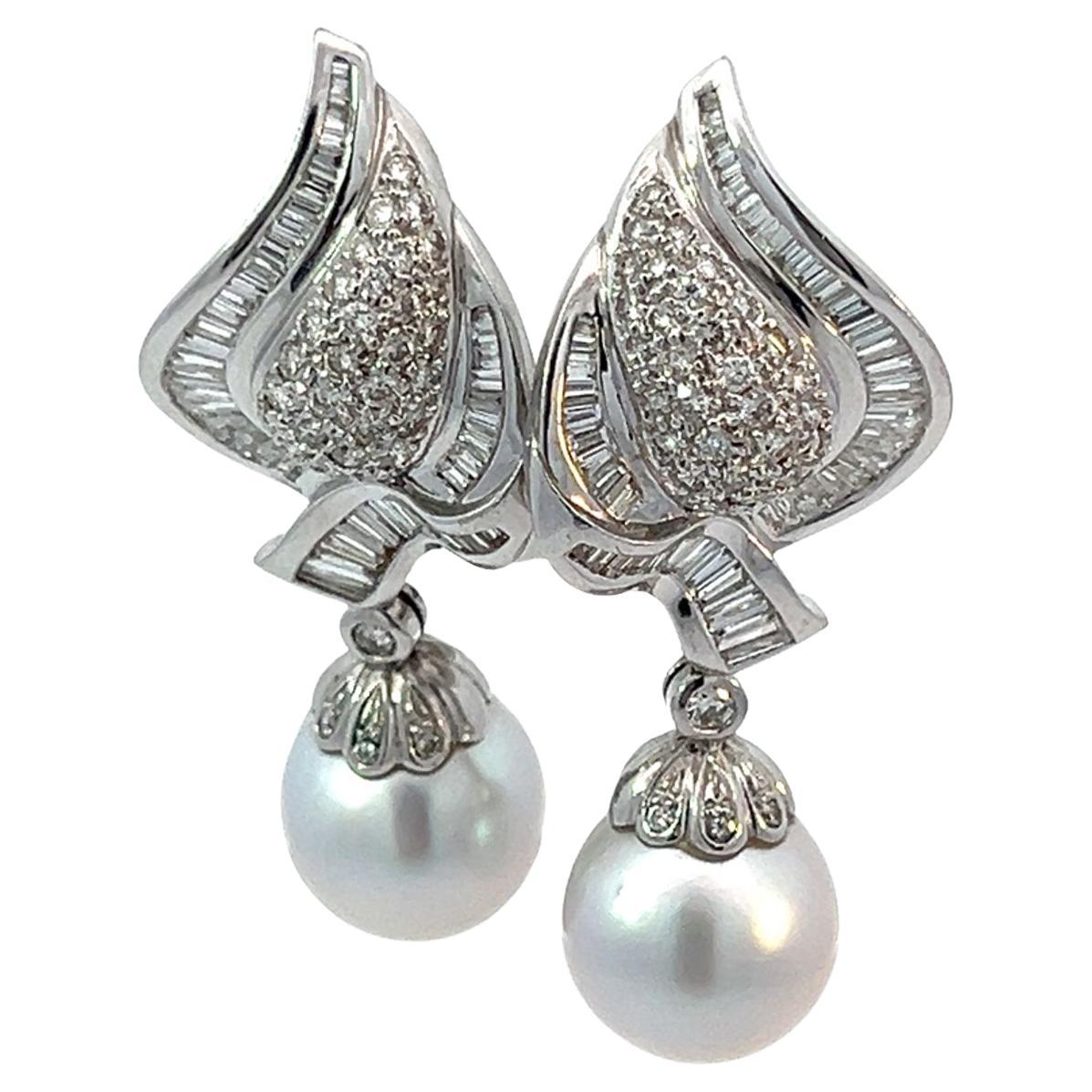 18k White Gold Pearl and Diamond Drop Earrings