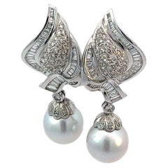 Vintage 18k White Gold Pearl and Diamond Drop Earrings