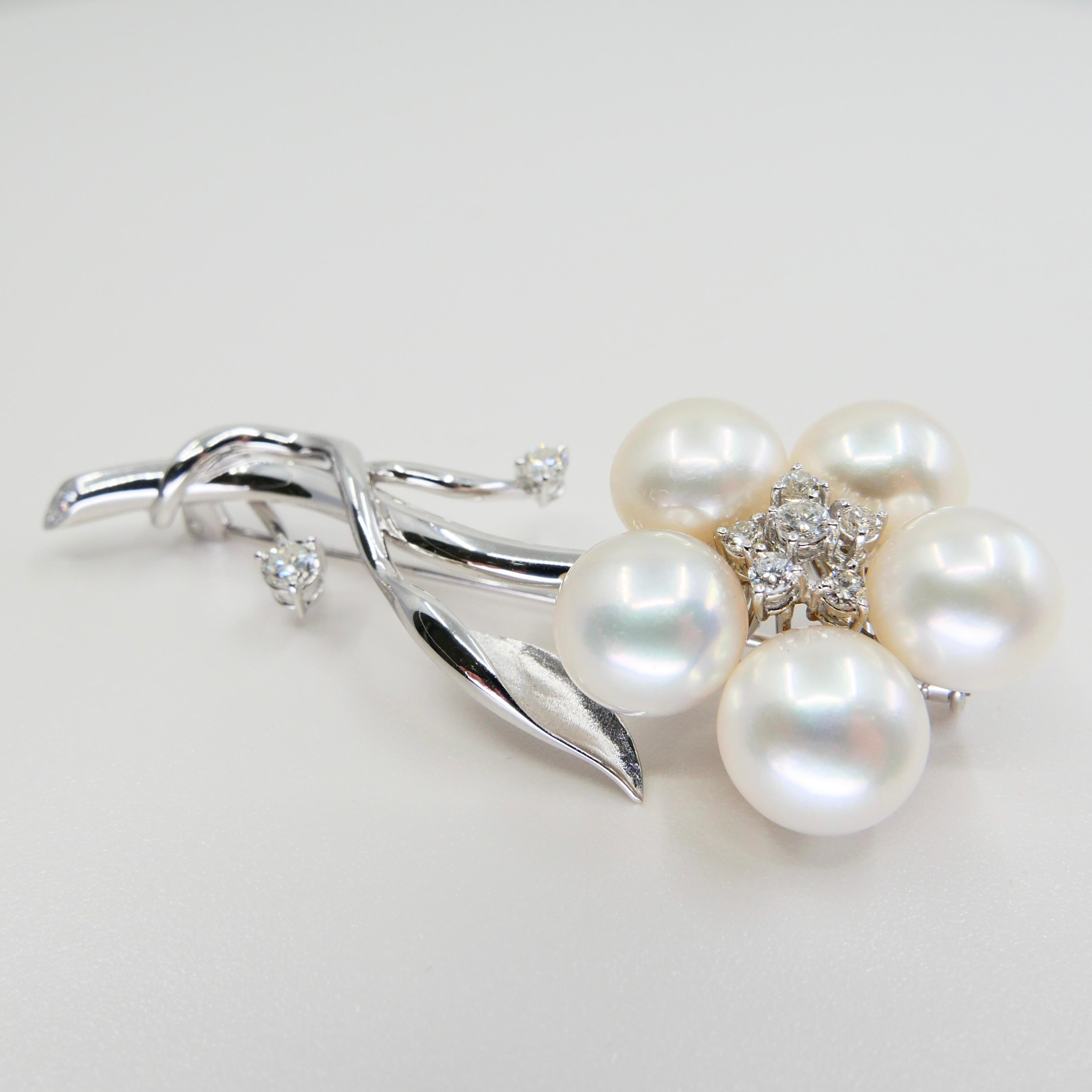 18k White Gold Pearl and Diamond Flower Brooch For Sale 3