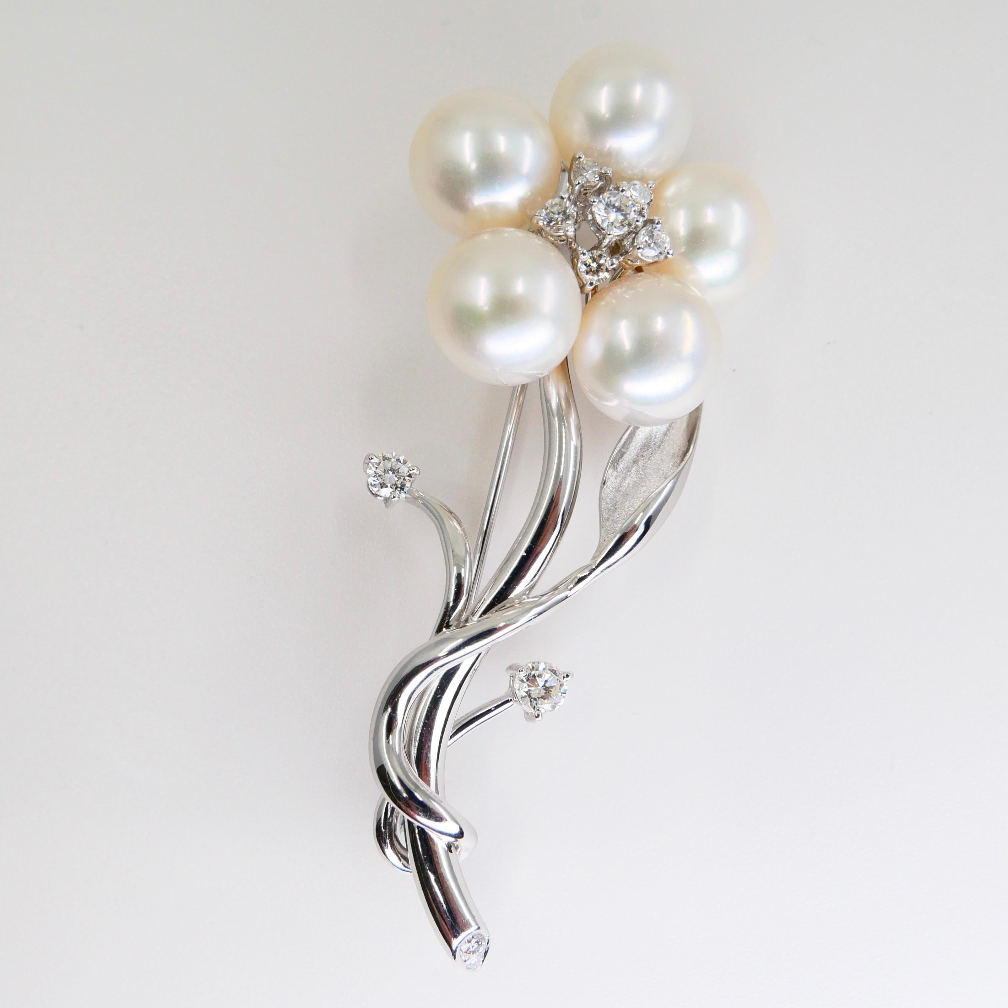 18k White Gold Pearl and Diamond Flower Brooch For Sale 4