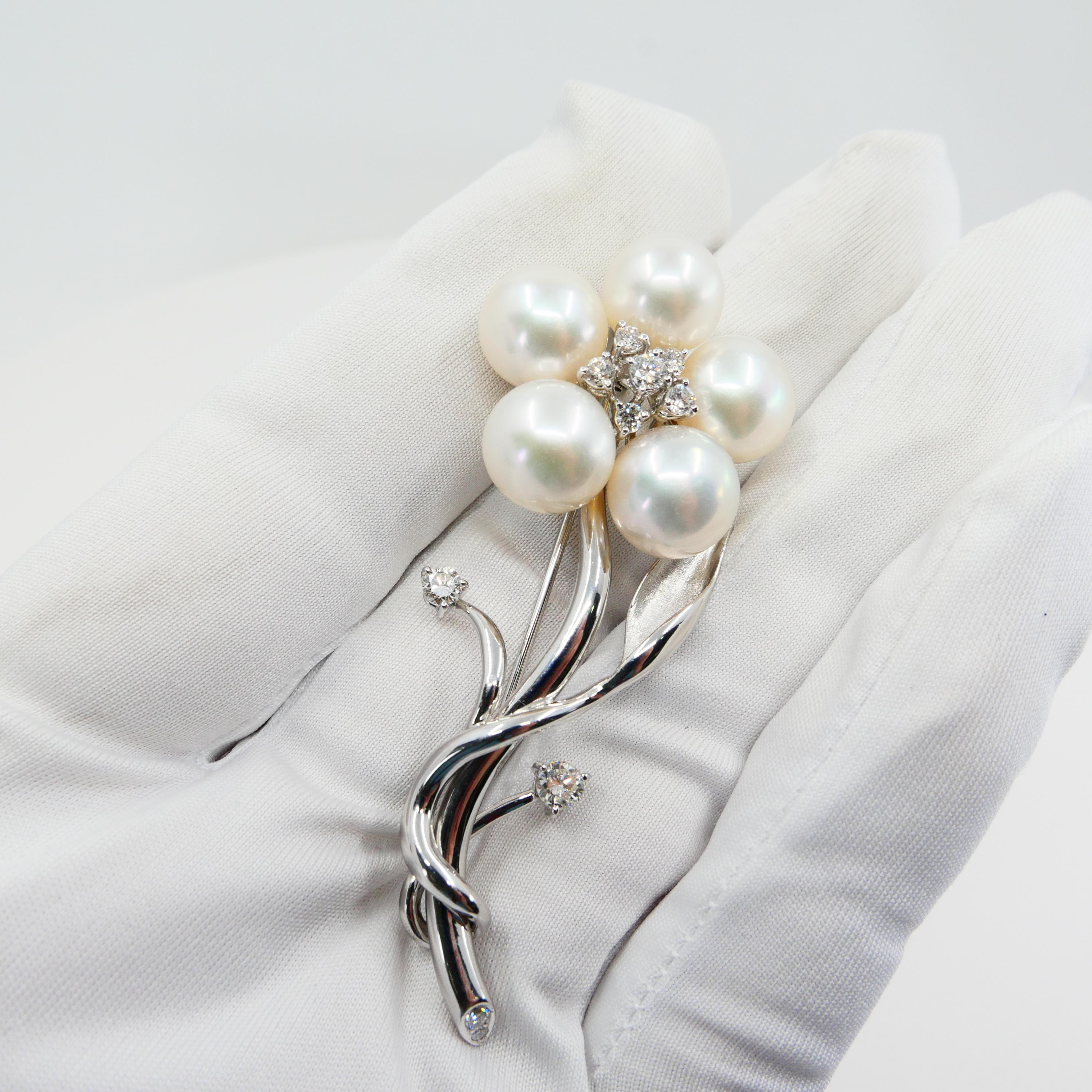 18k White Gold Pearl and Diamond Flower Brooch For Sale 5