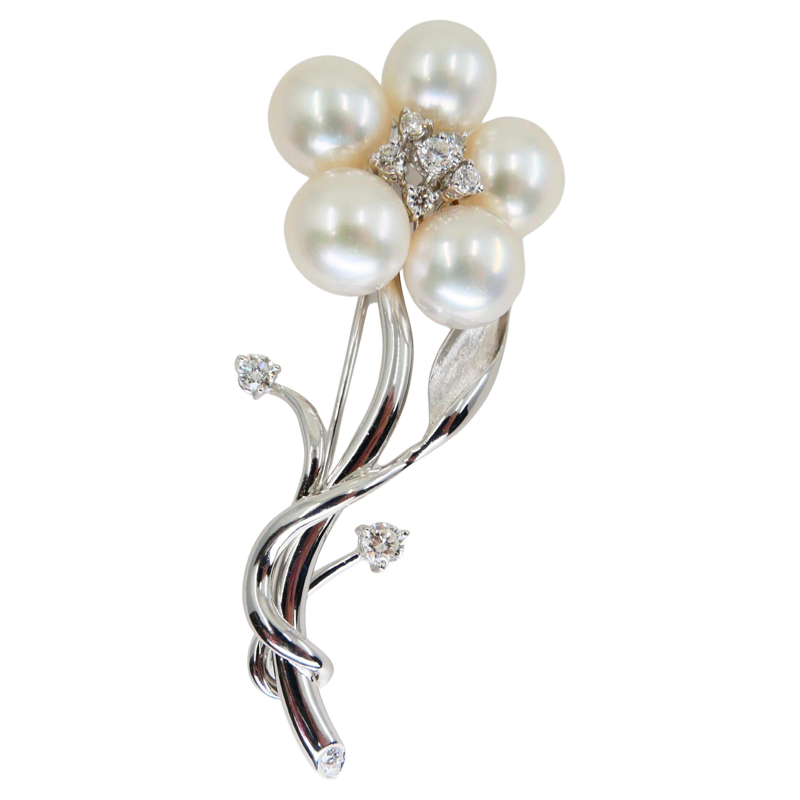 18k White Gold Pearl and Diamond Flower Brooch For Sale