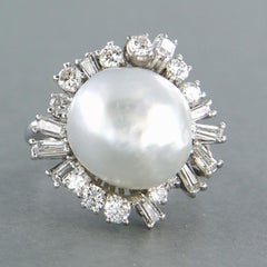 Anello con perle e diamanti in oro bianco 18k, 1,00 ct, misura US 6,5