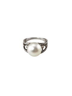 18K White Gold Pearl and Diamond Ring Size 6.5-6.75 #25636