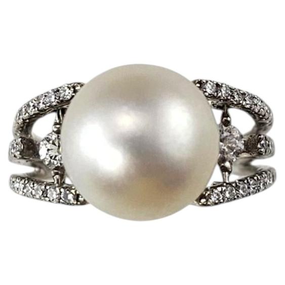 Anello in oro bianco 18 carati con perla e diamanti, misura 6,5-6,75 #25636