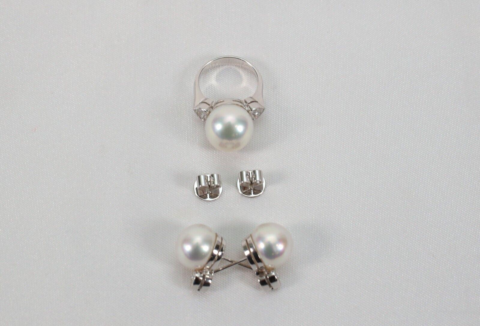 Set aus Ring und Ohrring aus 18 Karat Weißgold mit Perlen und Herz-Diamant, 18,4 g (Rundschliff) im Angebot