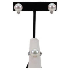 Set aus Ring und Ohrring aus 18 Karat Weißgold mit Perlen und Herz-Diamant, 18,4 g